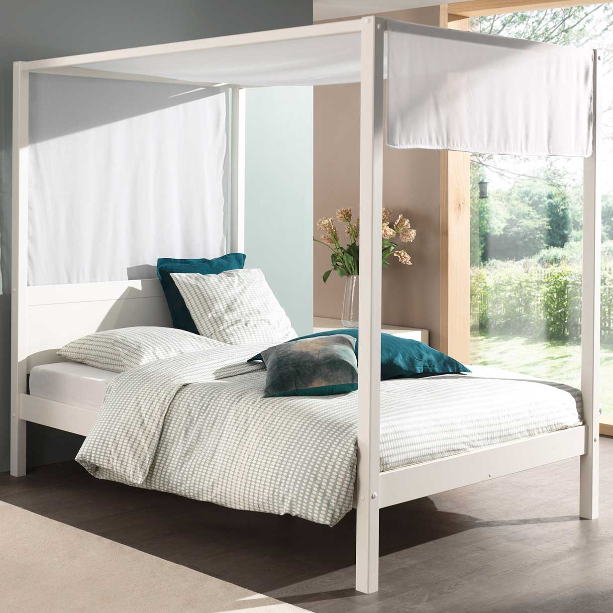 Lit à baldaquin Charlotte 140x200 avec voile - blanc