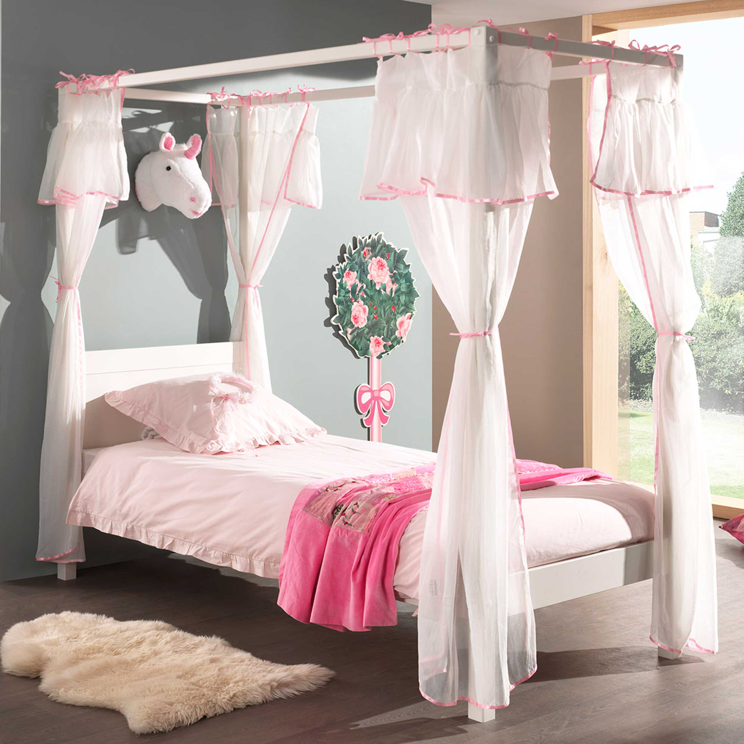 Lit à baldaquin Charlotte 90x200 avec voile Amori - blanc