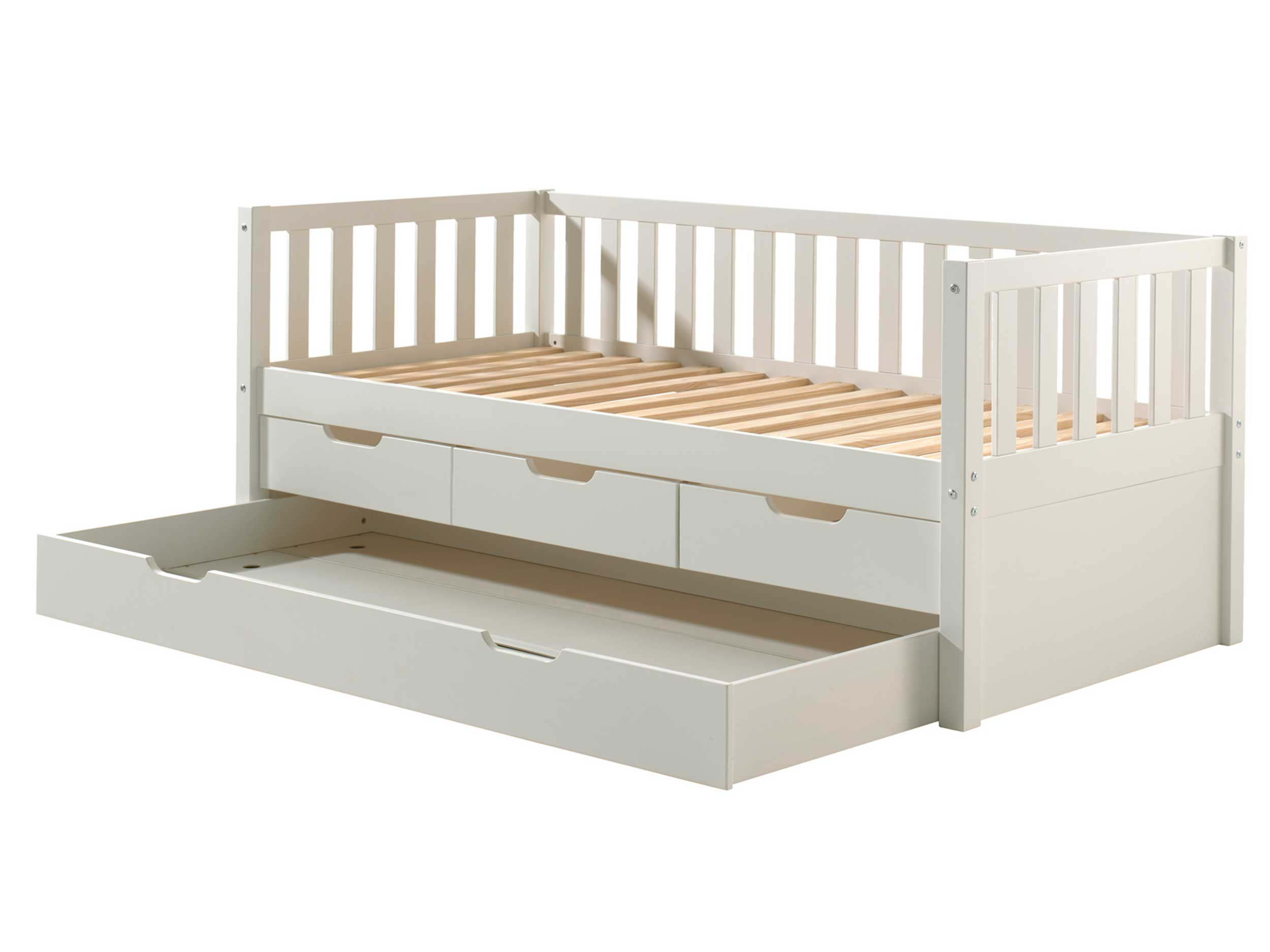 Lit banquette Friedrich 90x200 avec 3 tiroirs et lit gigogne pin - blanc - Image 3