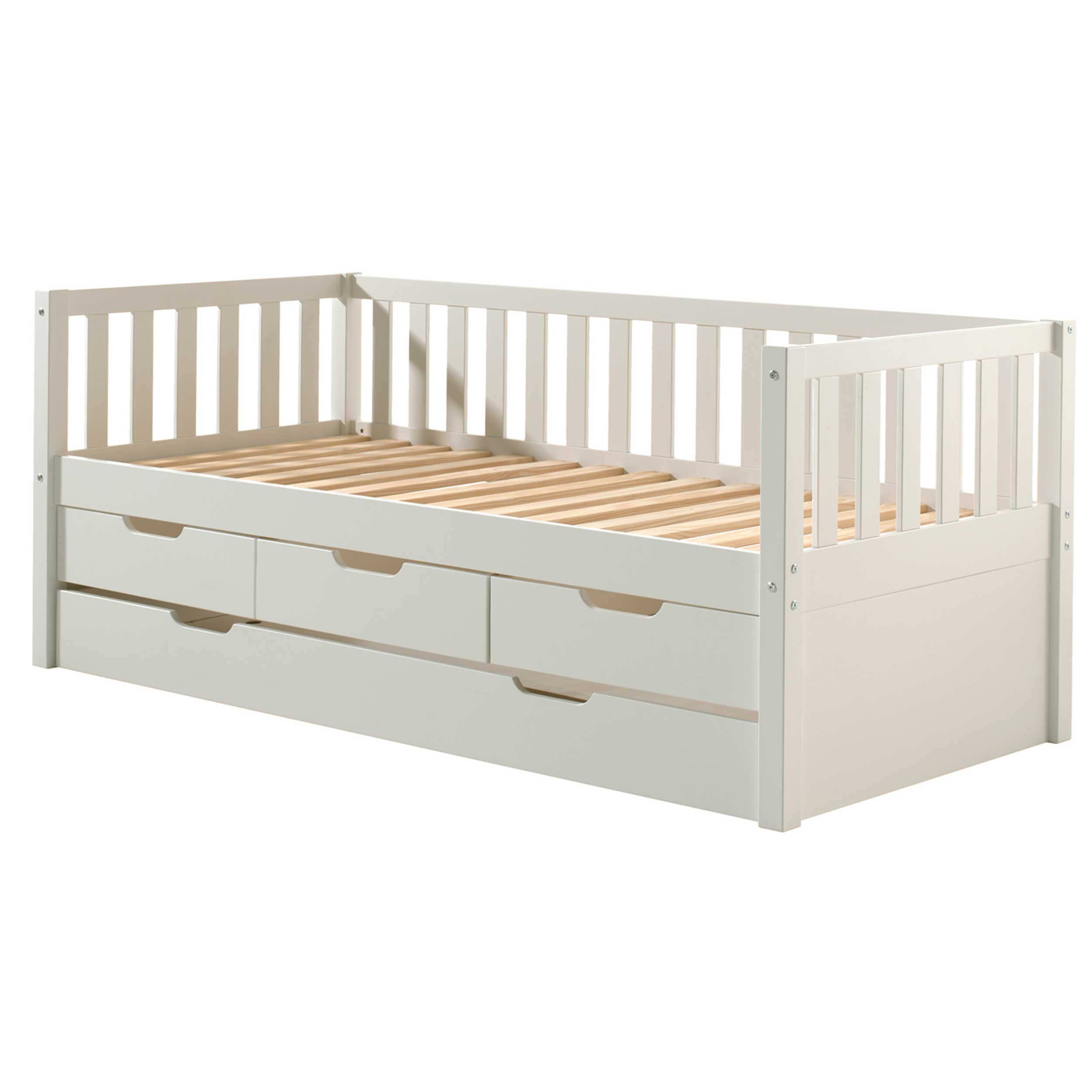 Lit banquette Friedrich 90x200 avec 3 tiroirs et lit gigogne pin - blanc - Image 7