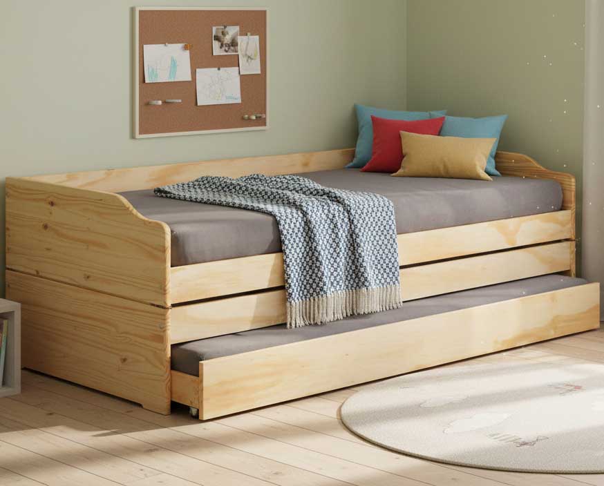 Lit banquette gigogne Lothar 90x200cm 3 couchages - bois de pin