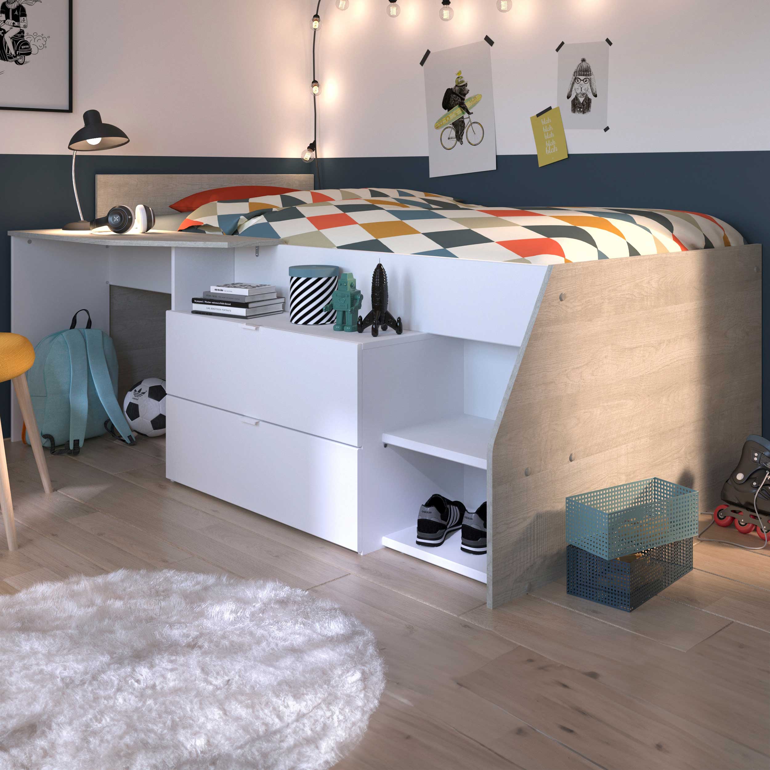 Lit banquette Milky avec bureau et tiroirs - blanc/chêne - Image 1