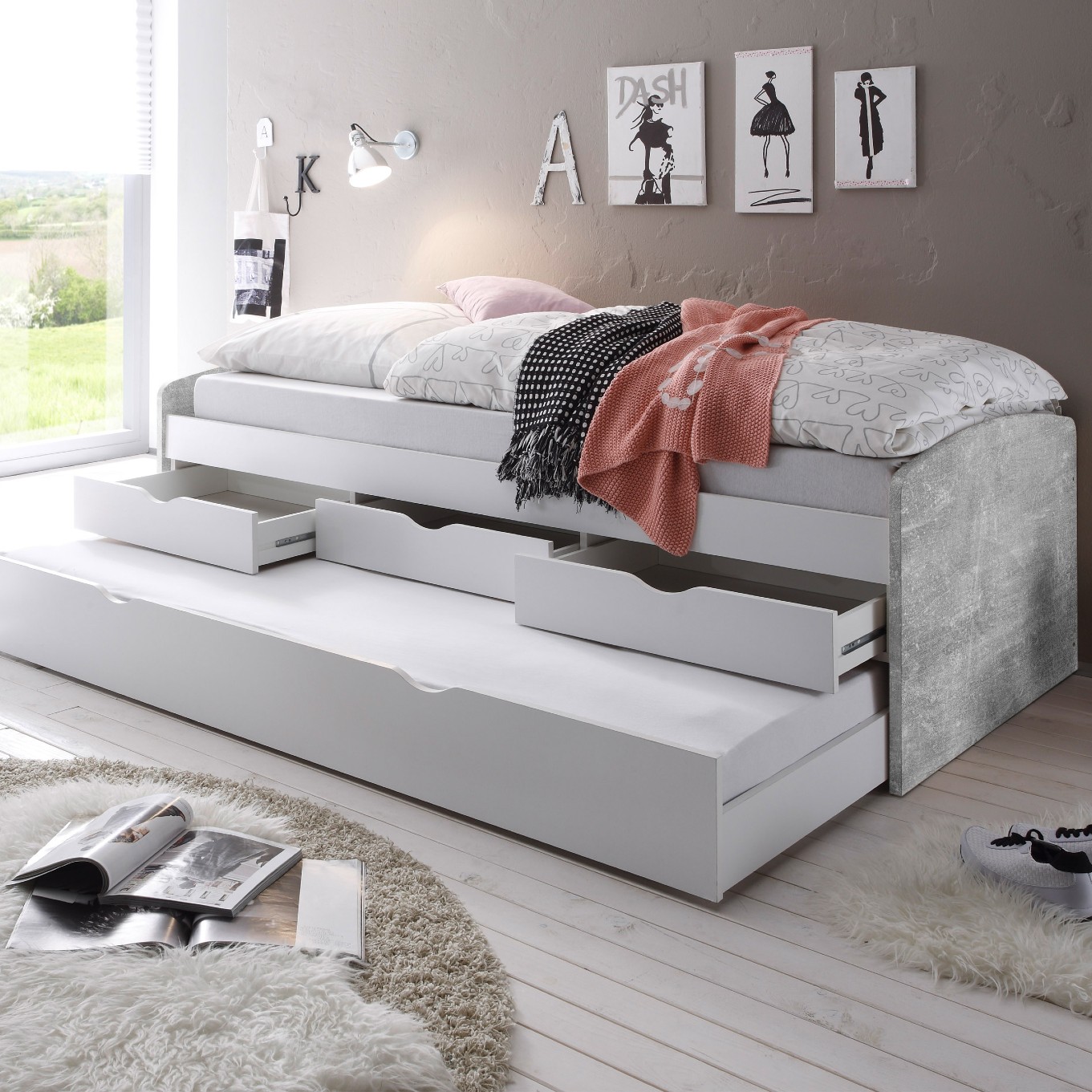 Lit banquette Nasri 90x200 avec tiroir de lit - béton/blanc