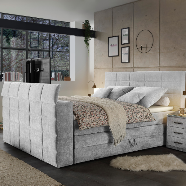 Lit boxspring Delvo 180x200cm avec espace de rangement et espace pour TV - gris clair - Image 4