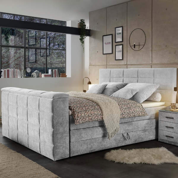 Lit boxspring Delvo 180x200cm avec espace de rangement et espace pour TV - gris clair