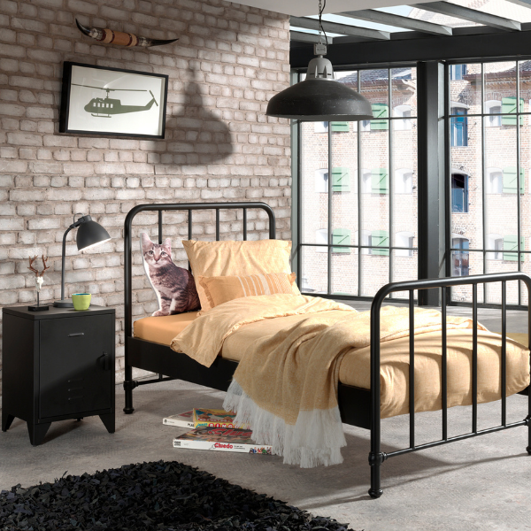 Lit Bronxx métal 90x200 (sommier incl.) avec table de chevet- noir mat