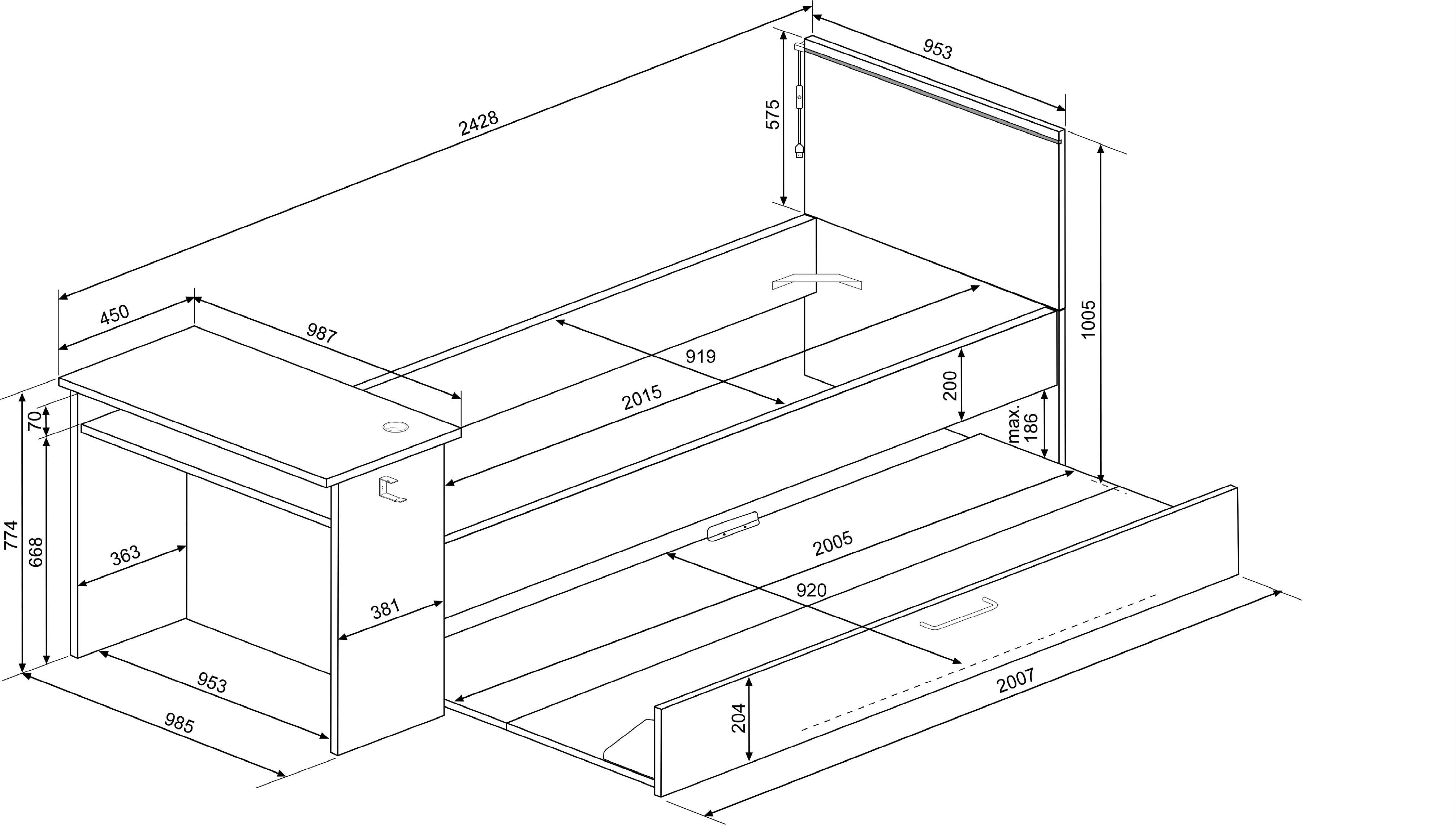 Lit Bzone 90x200 cm avec tiroir de lit, bureau et éclairage LED - anthracite - Image 2