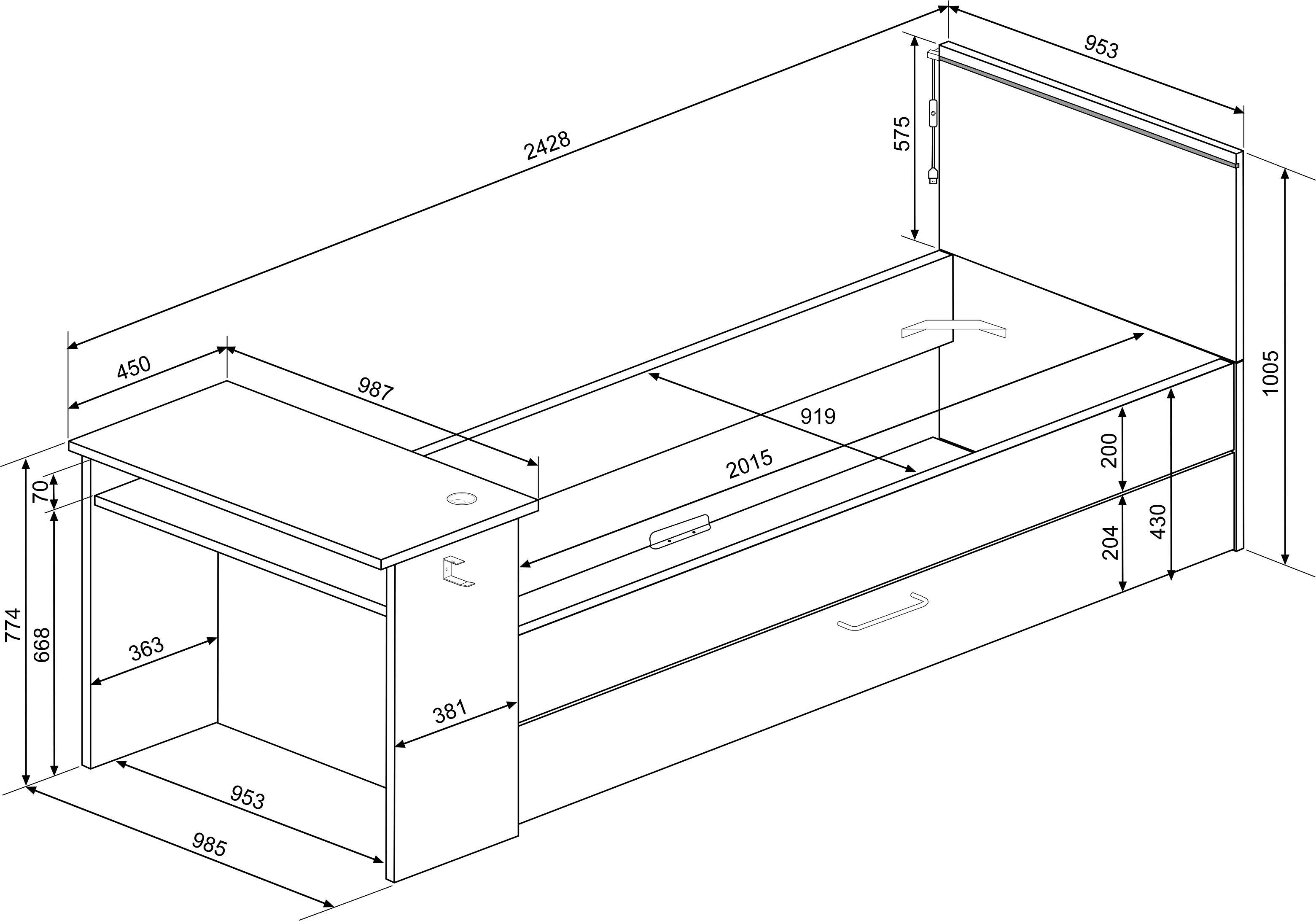Lit Bzone 90x200 cm avec tiroir de lit, bureau et éclairage LED - anthracite - Image 4