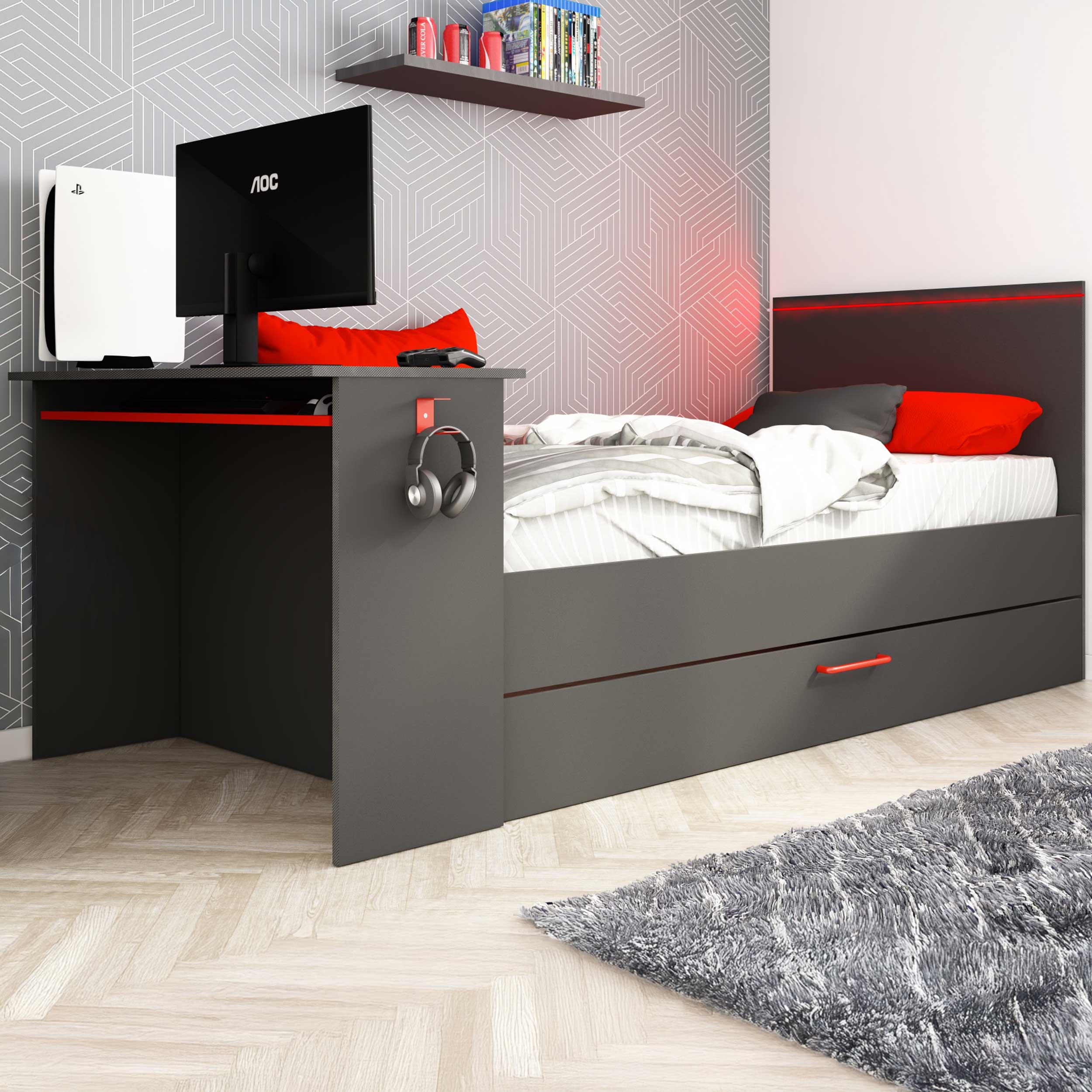 Lit Bzone 90x200 cm avec tiroir de lit, bureau et éclairage LED - anthracite