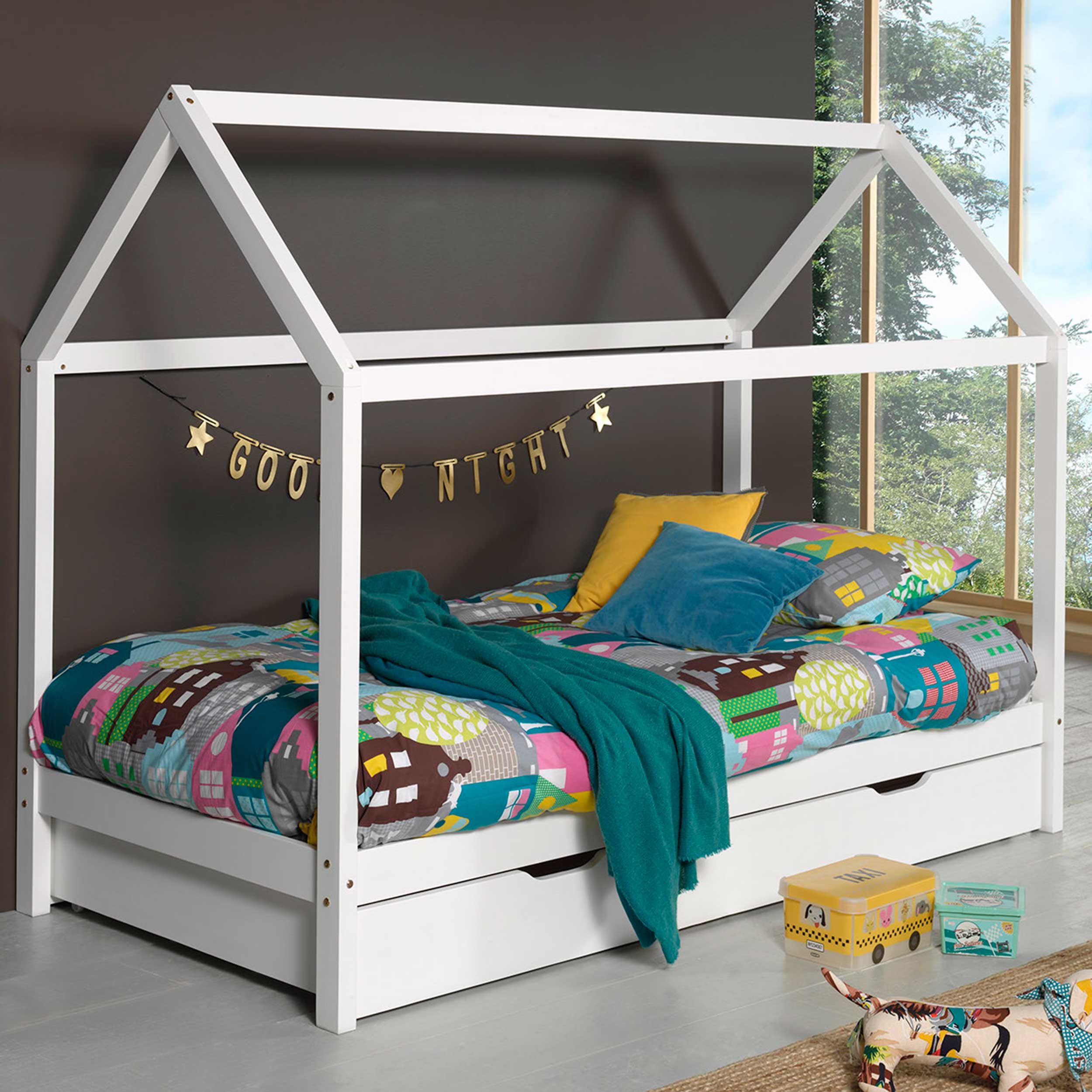 Lit cabane Dallas 1 90x200 avec tiroir de lit - blanc