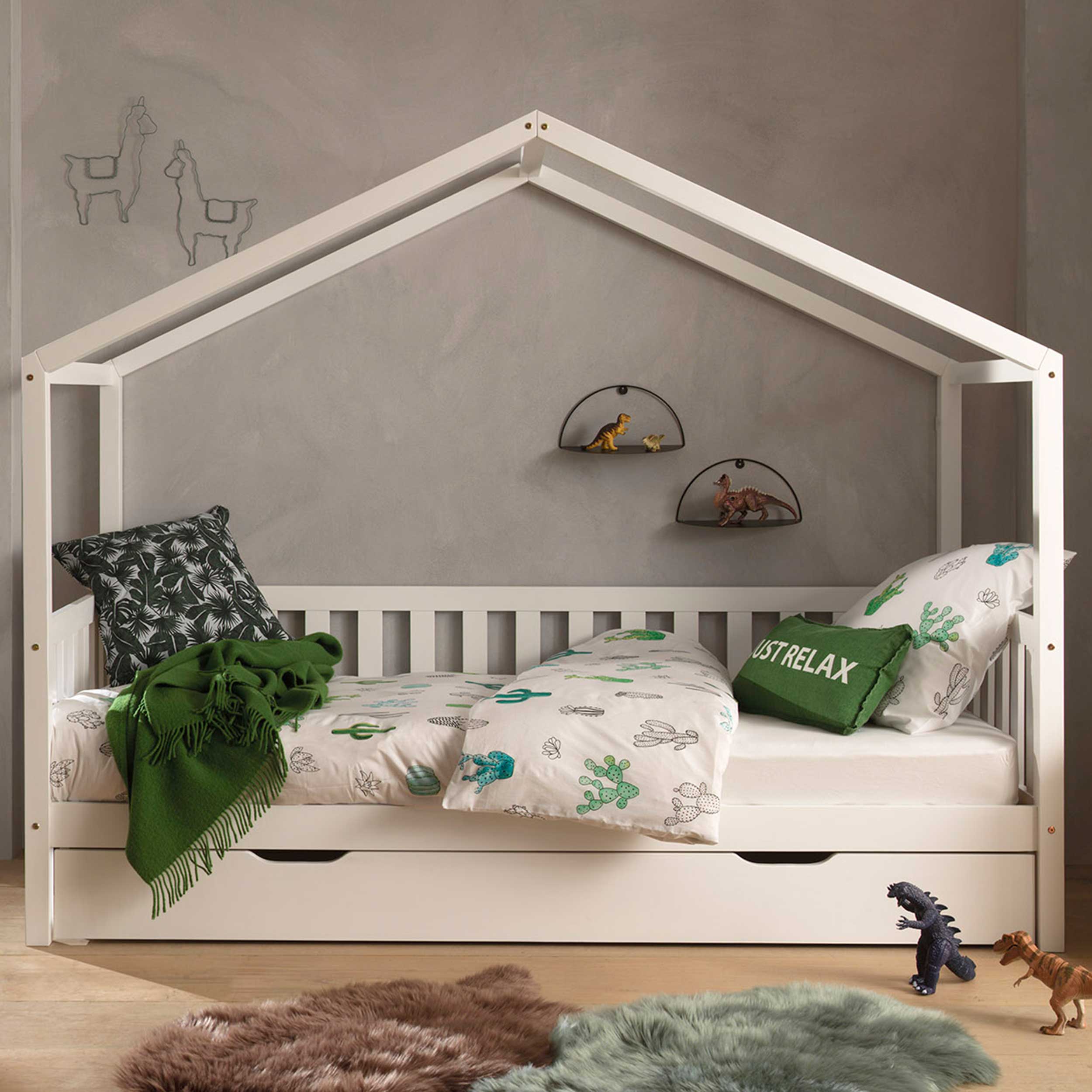 Lit cabane Dallas 2 90x200 avec tiroir de lit - blanc