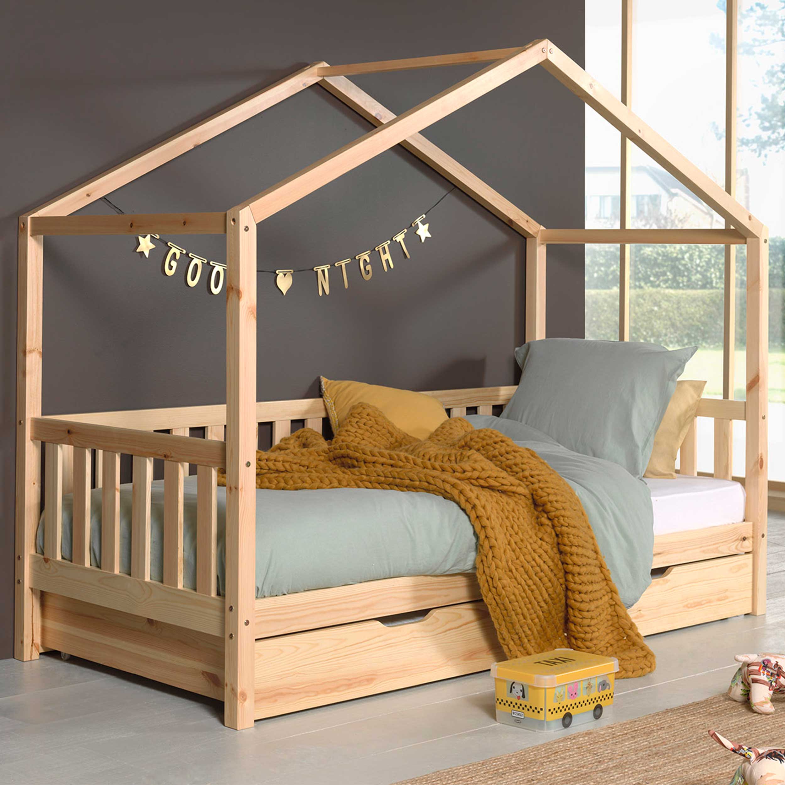 Lit cabane Dallas 2 90x200 avec tiroir de lit - bois pin