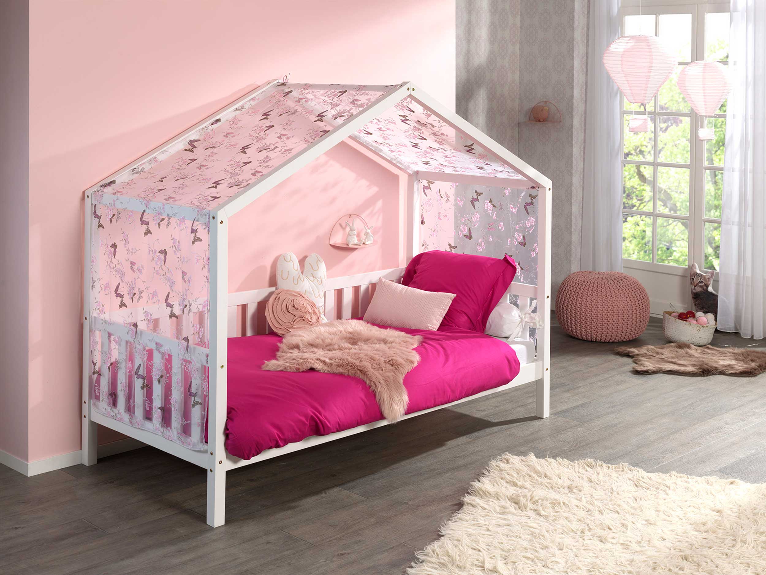 Lit cabane Dallas 2 90x200 avec voile à motif de papillons - blanc/rose - Image 4