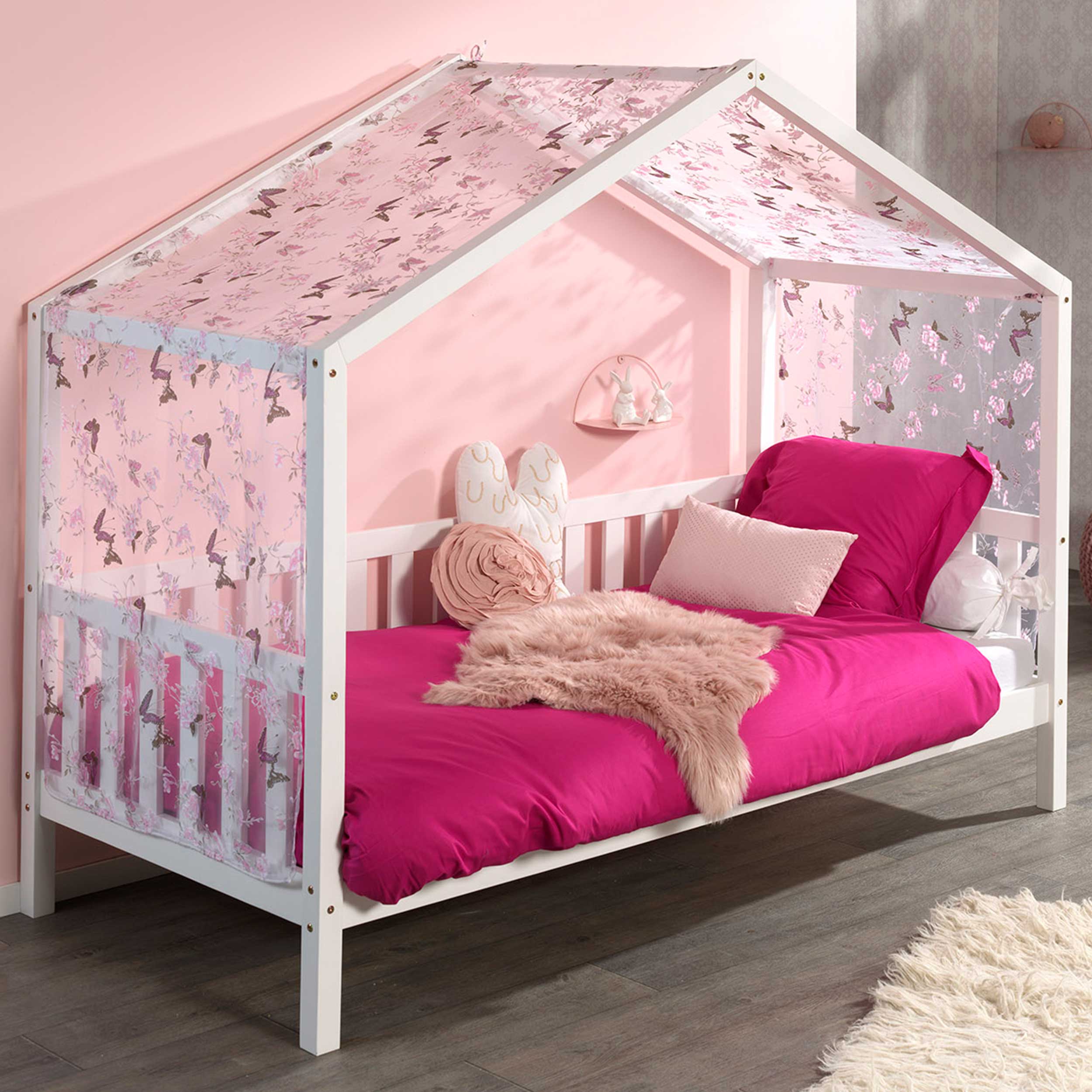 Lit cabane Dallas 2 90x200 avec voile à motif de papillons - blanc/rose - Image 1