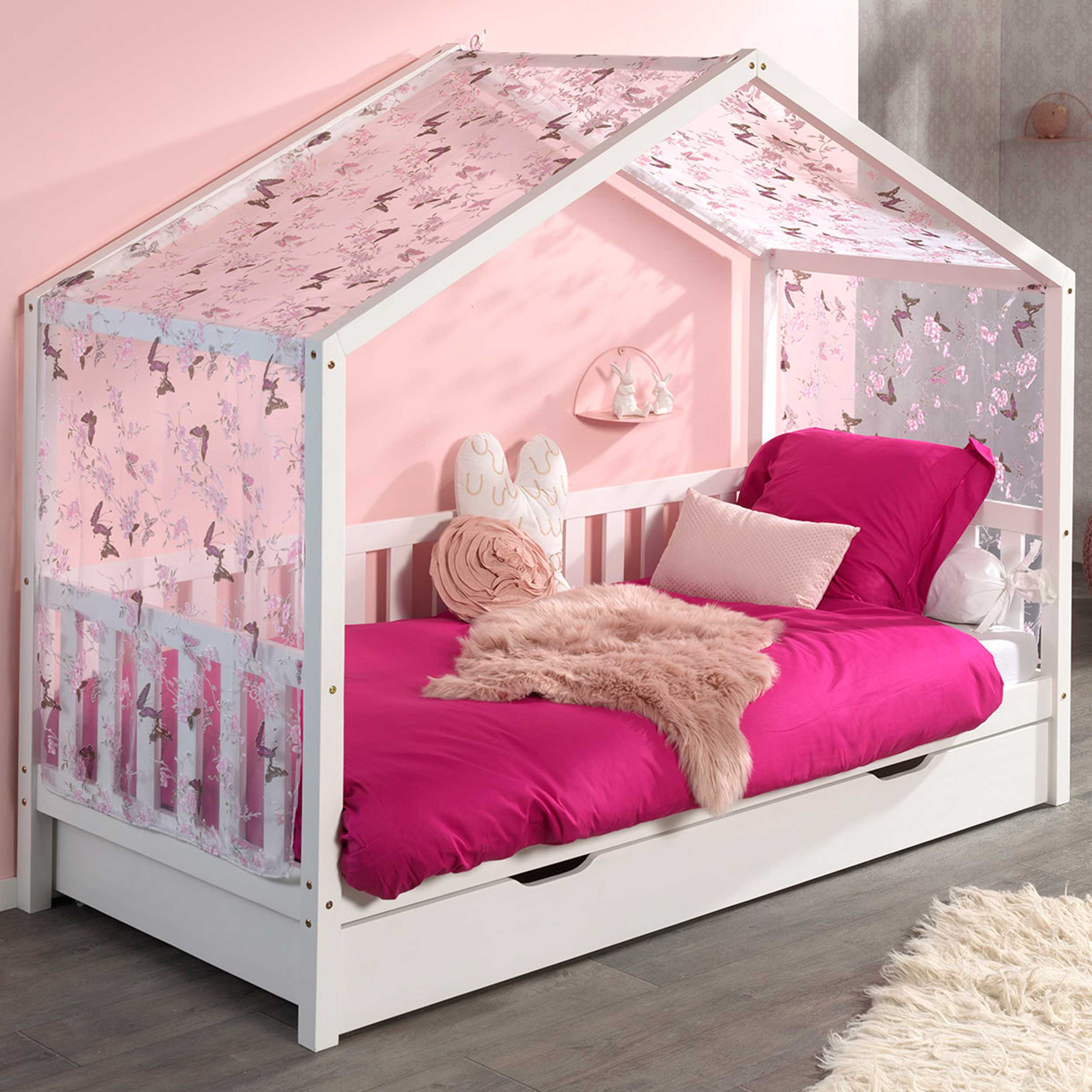 Lit cabane Dallas 2 90x200, tiroir de lit et voile avec dessin de papillons - blanc/rose - Image 1