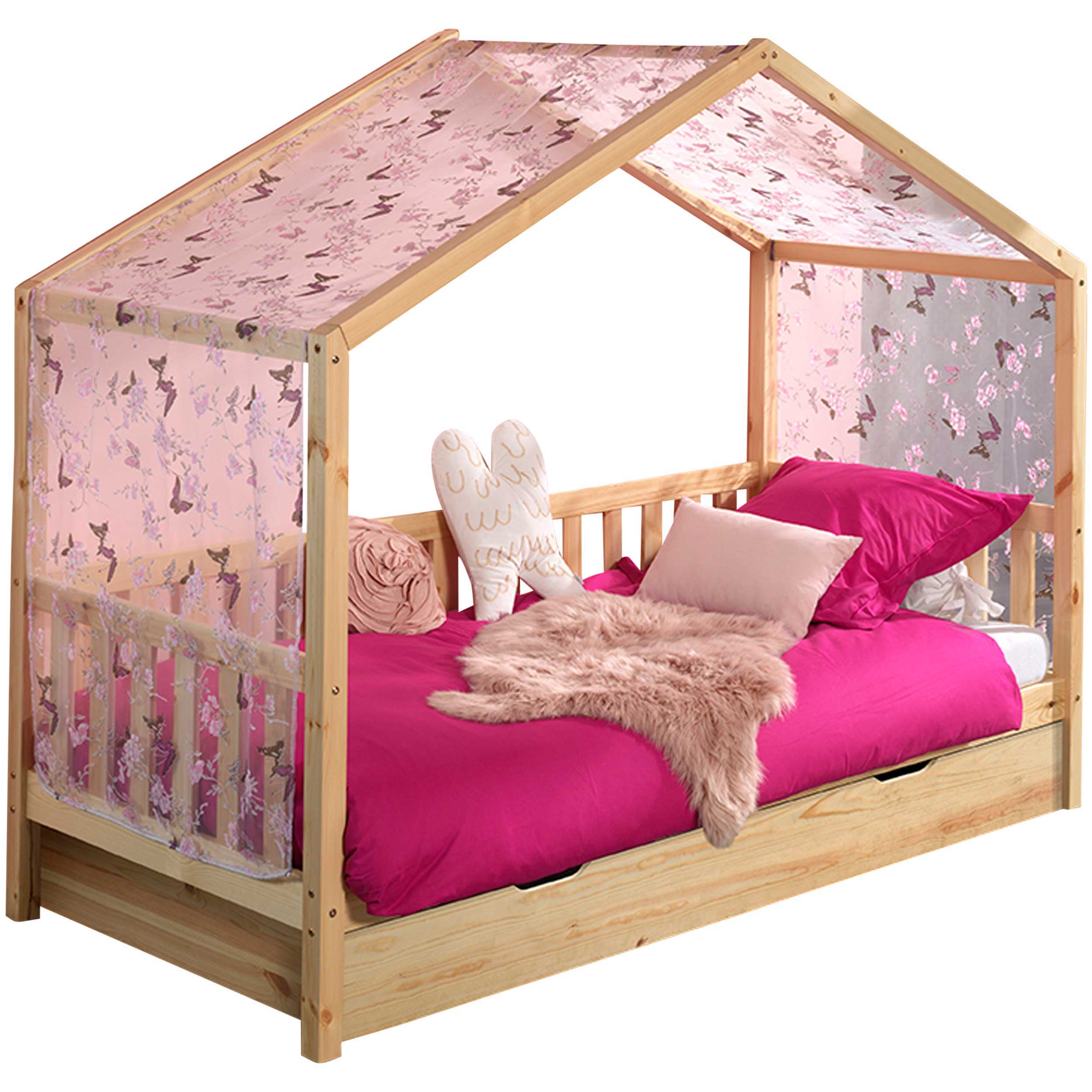 Lit cabane Dallas 2 90x200, tiroir de lit & voile avec dessin de papillons - bois pin/rose - Image 9