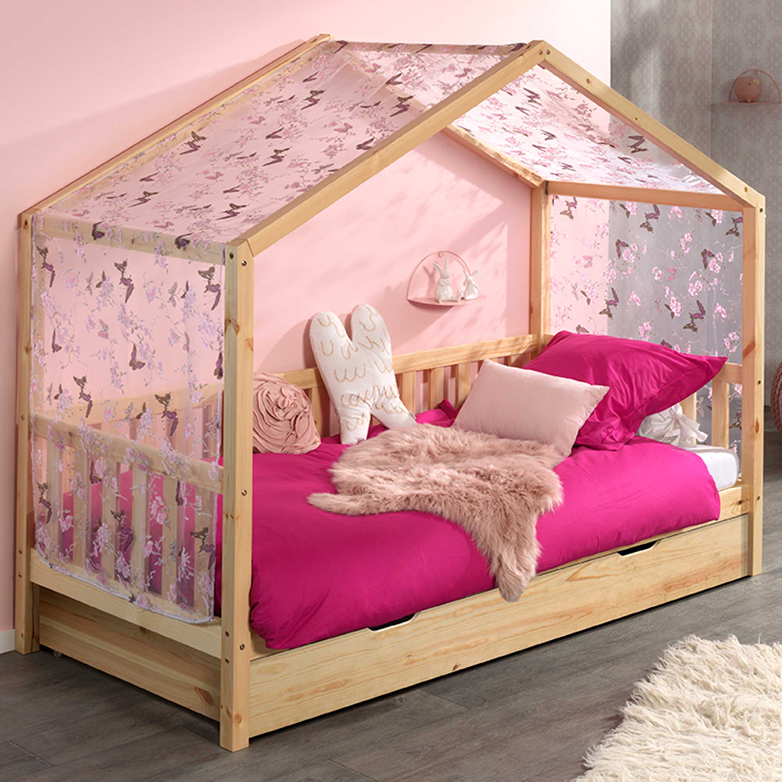 Lit cabane Dallas 2 90x200, tiroir de lit & voile avec dessin de papillons - bois pin/rose