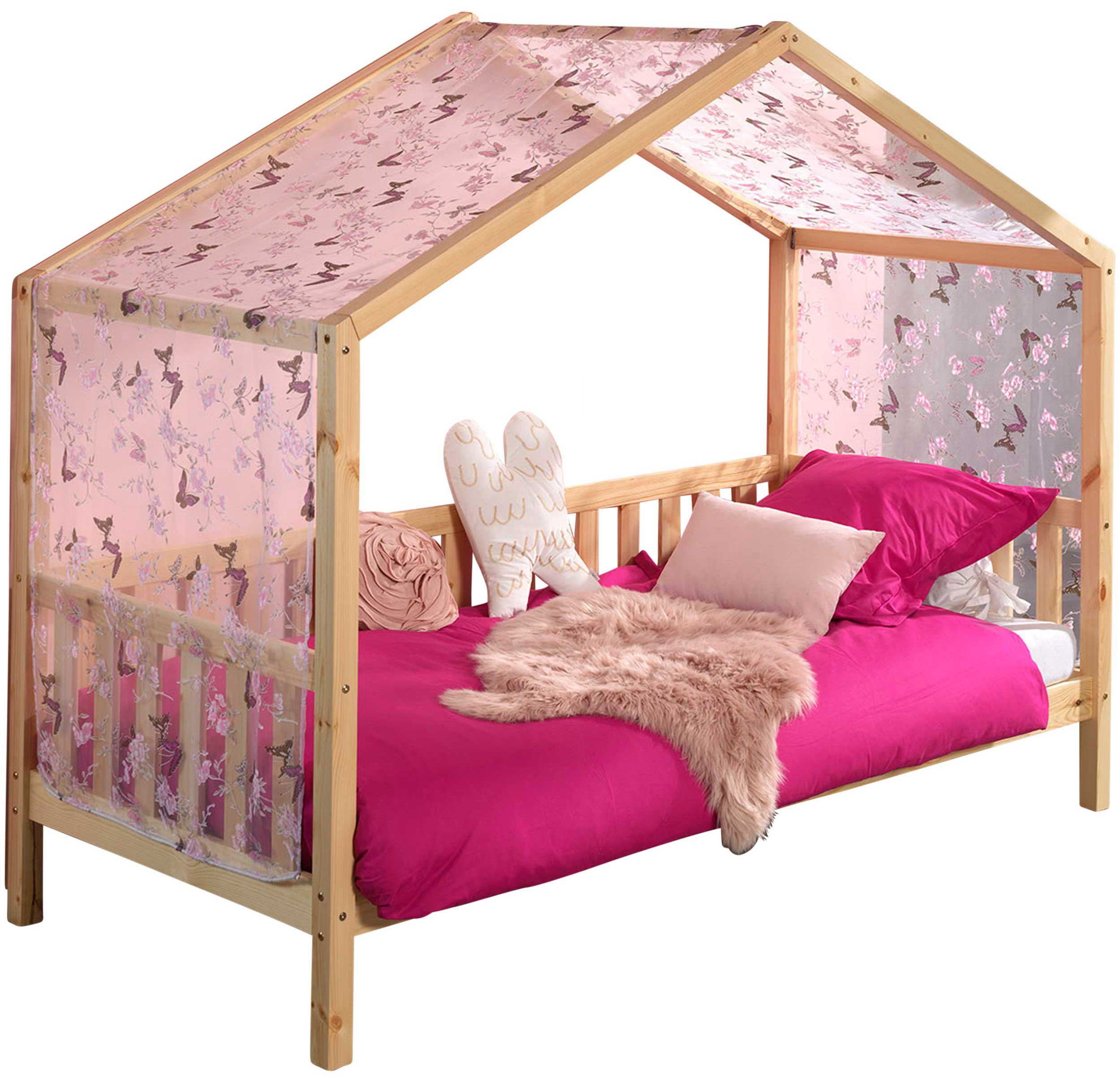 Lit cabane Dallas 2 90x200 & voile avec dessin de papillons - bois pin/rose - Image 3