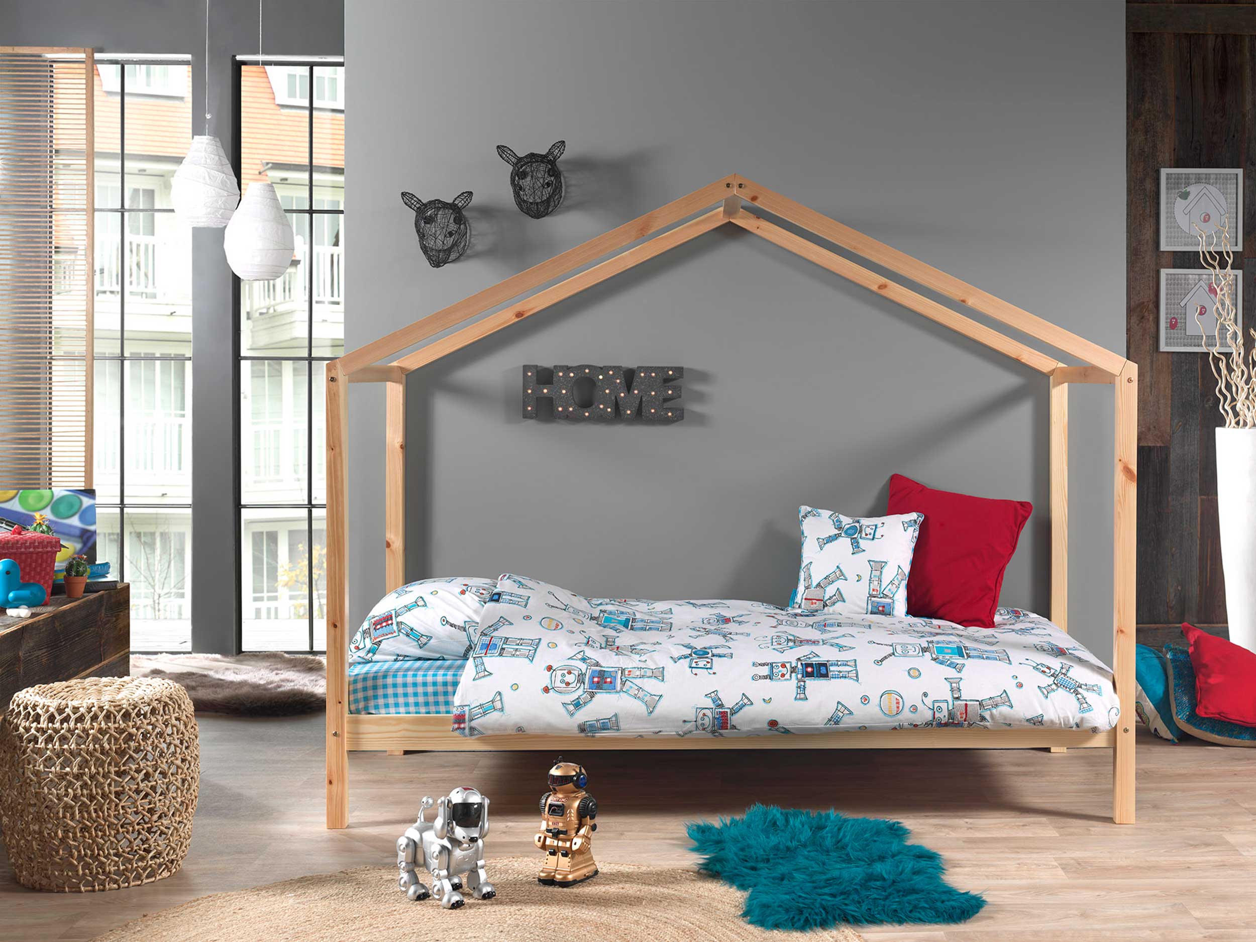 Lit cabane Dallas 3 90x200 & voile avec dessin de papillons - bois pin/rose - Image 2