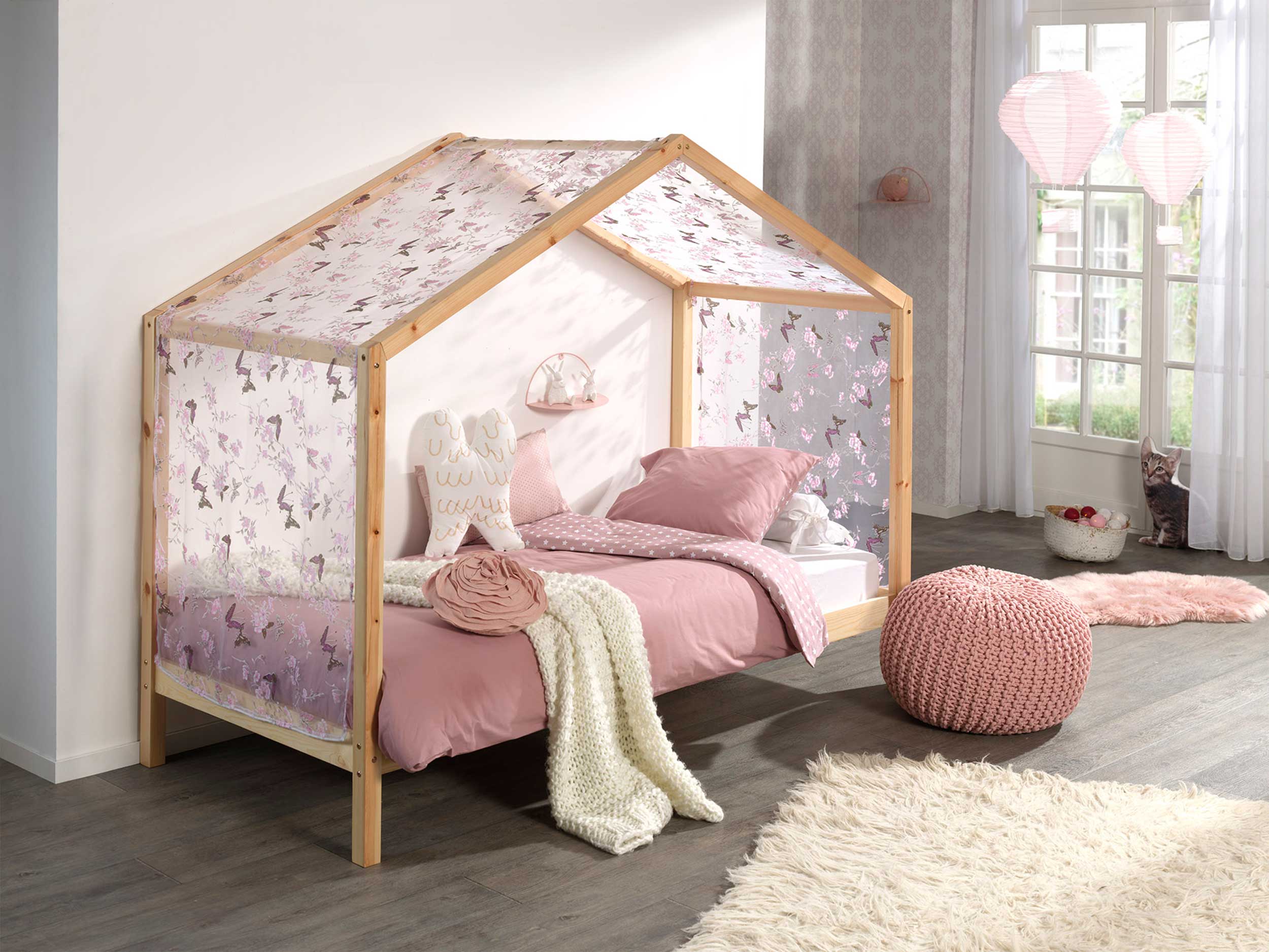 Lit cabane Dallas 3 90x200 & voile avec dessin de papillons - bois pin/rose - Image 5