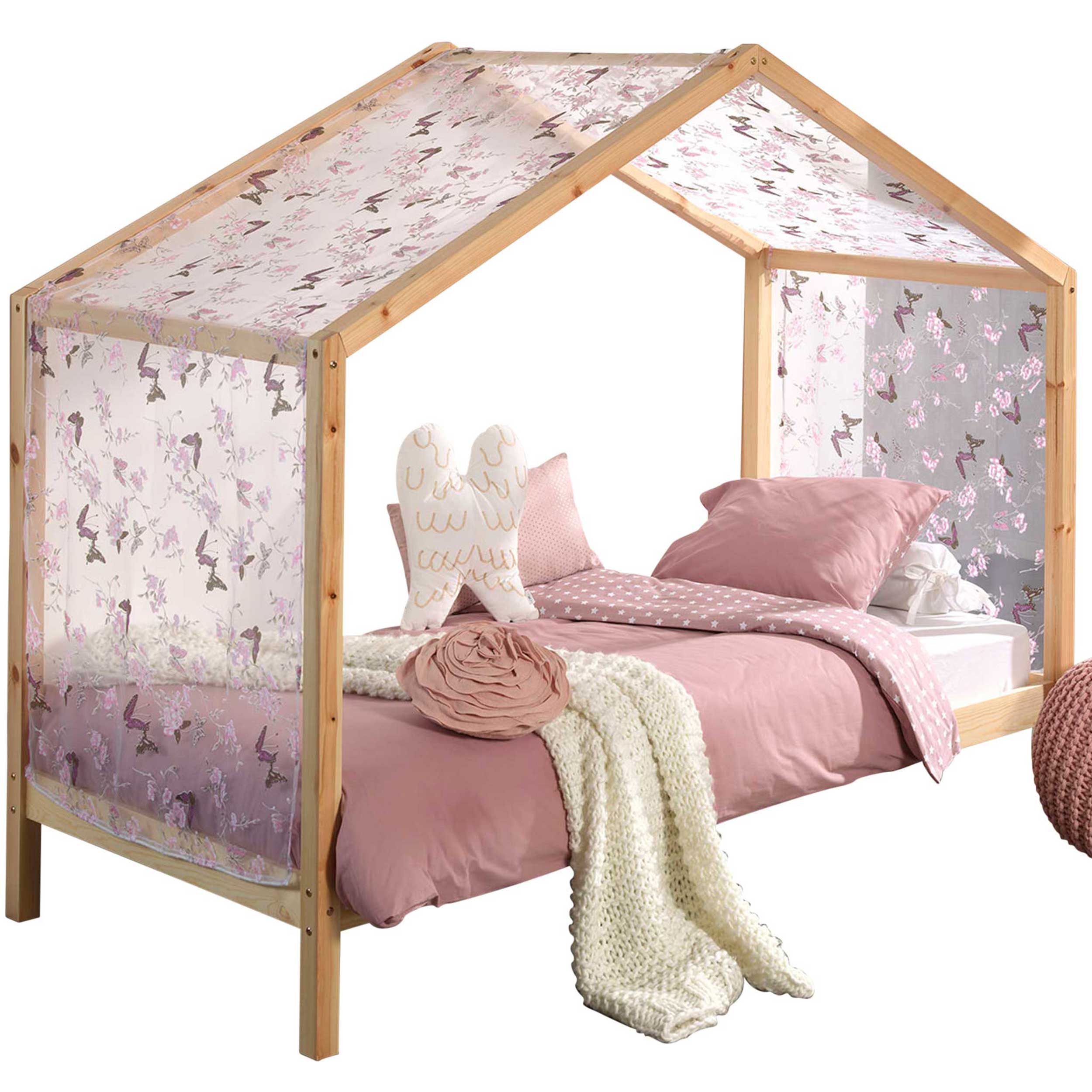 Lit cabane Dallas 3 90x200 & voile avec dessin de papillons - bois pin/rose - Image 6