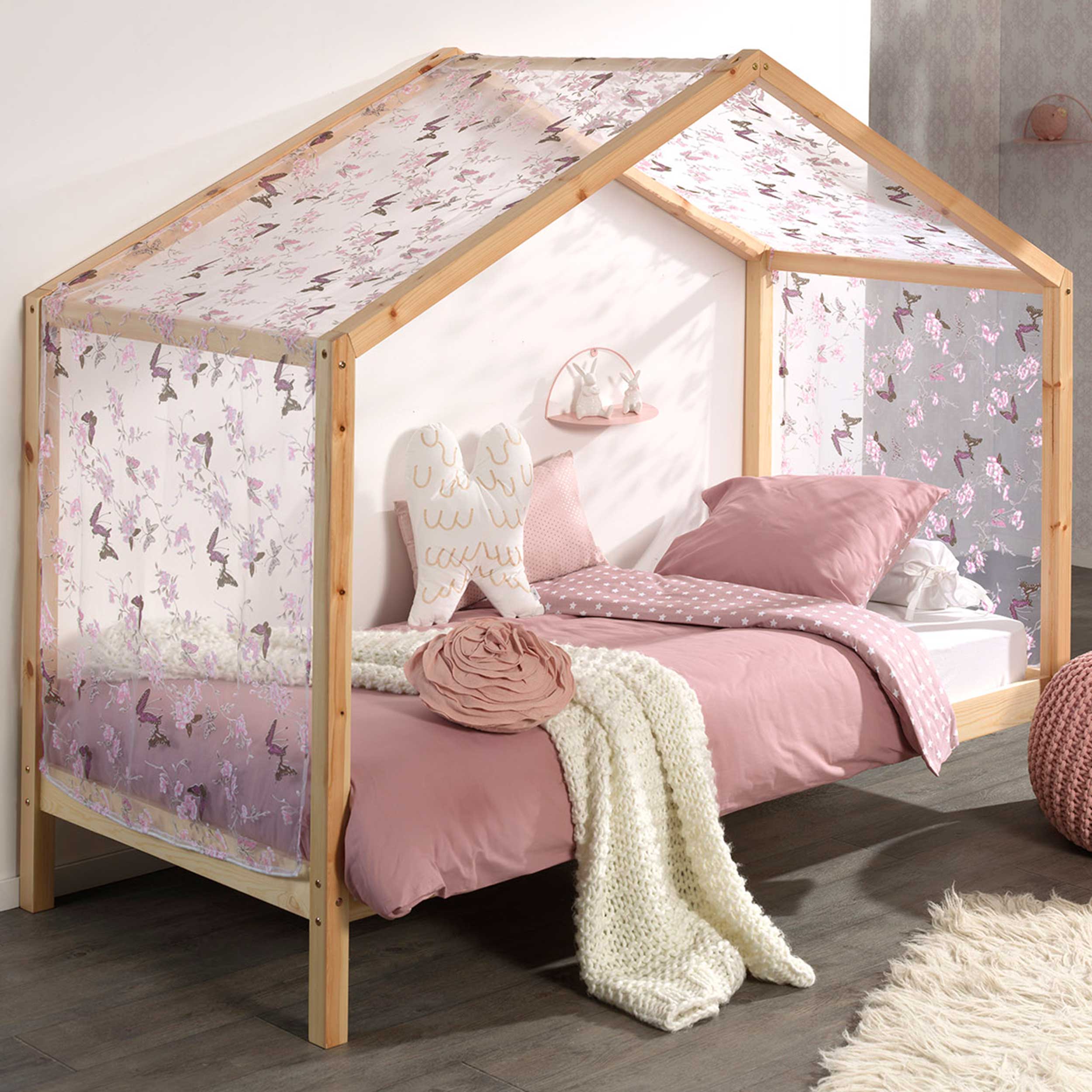 Lit cabane Dallas 3 90x200 & voile avec dessin de papillons - bois pin/rose