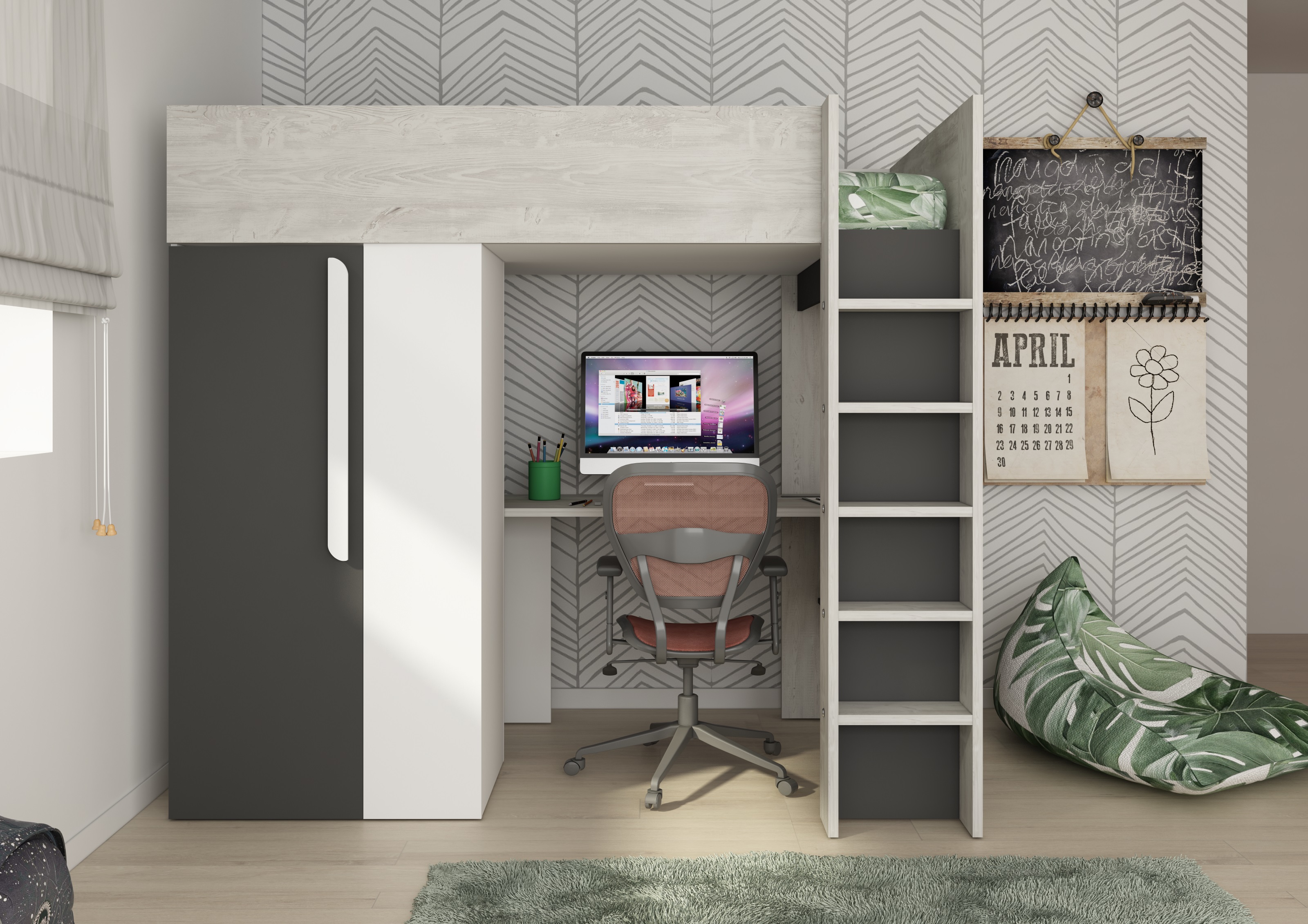 Lit combiné Beau 90x200 avec bureau et armoire - anthracite - Image 3