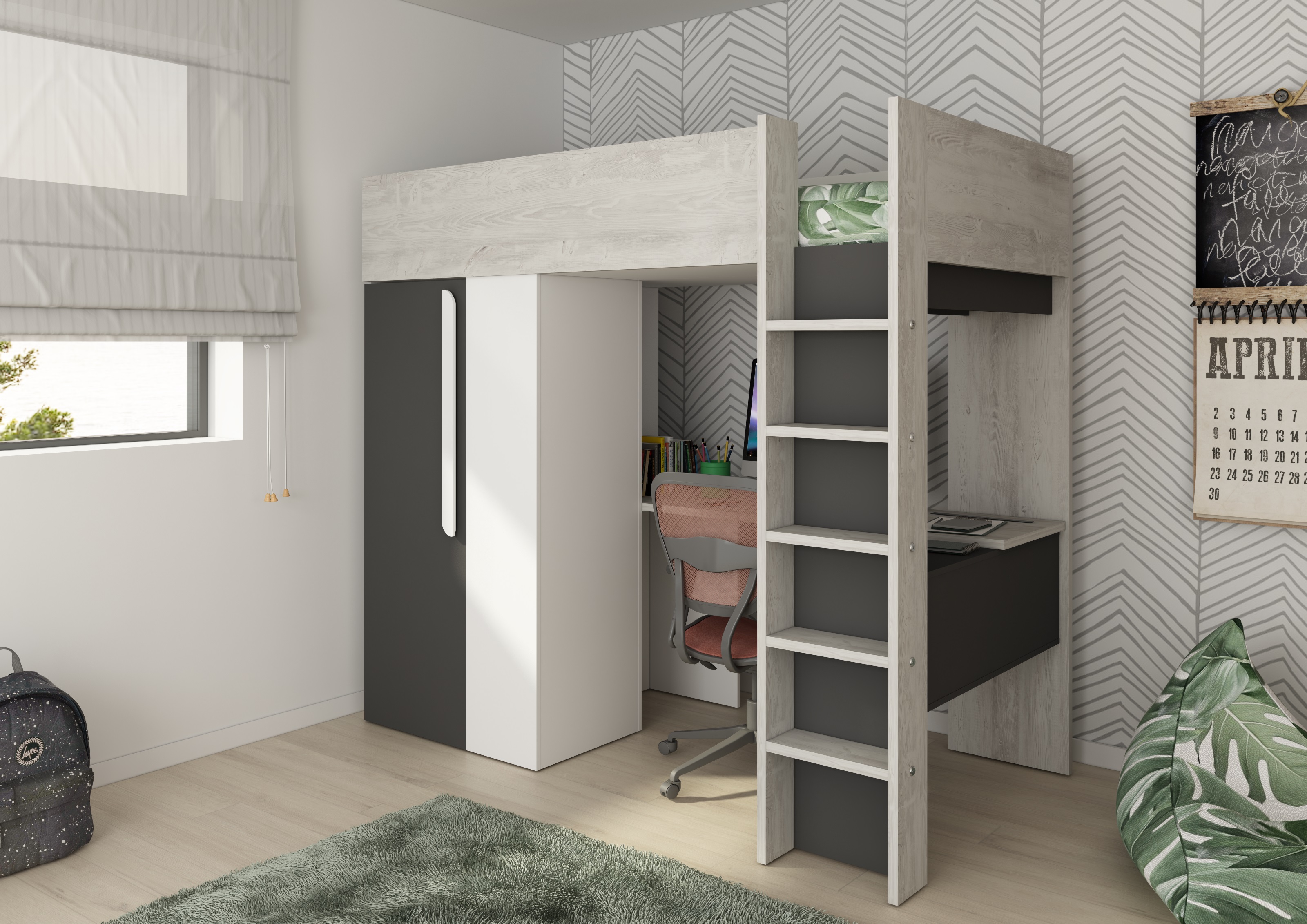 Lit combiné Beau 90x200 avec bureau et armoire - anthracite - Image 4