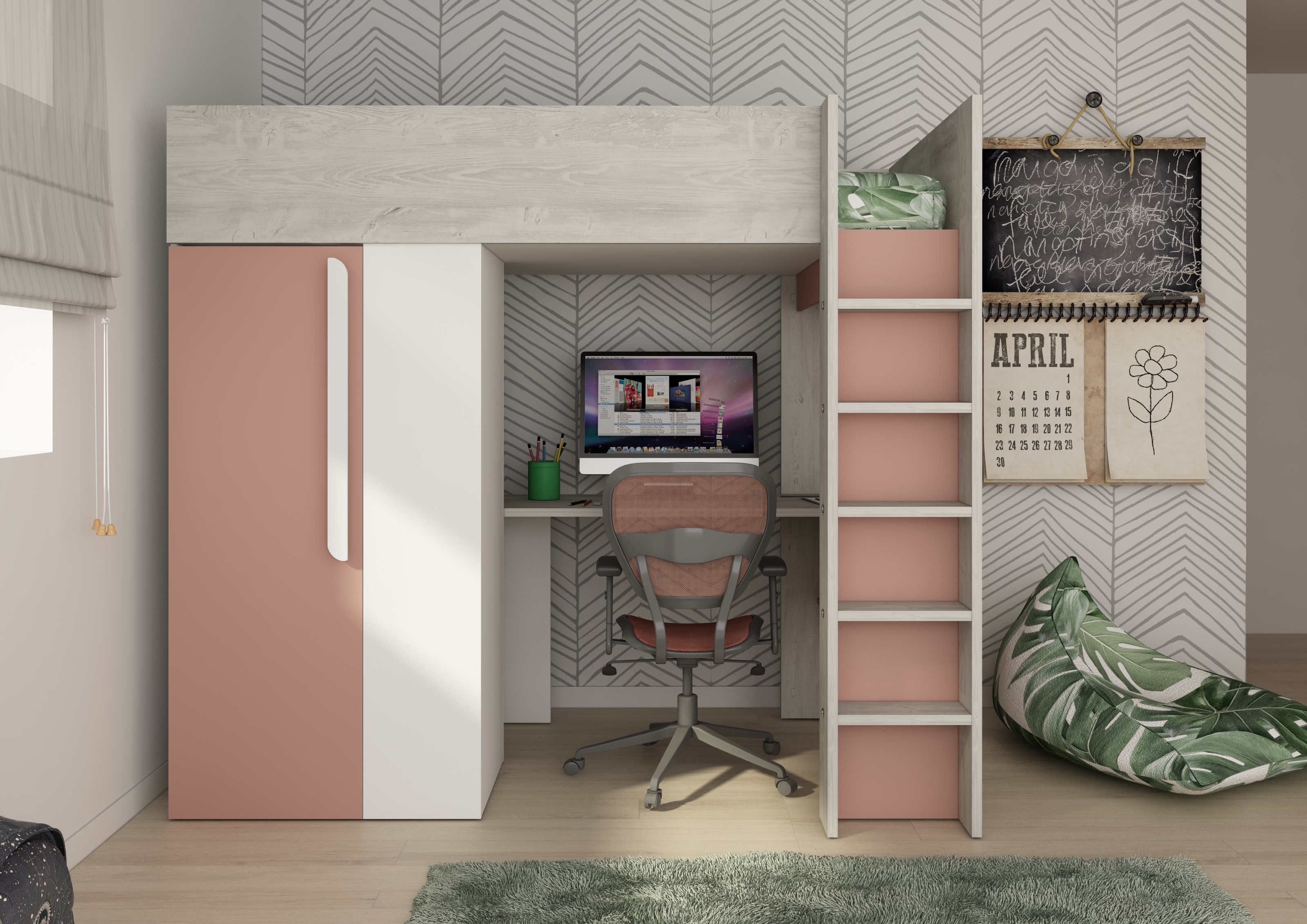 Lit combiné Beau 90x200 avec bureau et armoire - vieux rose - Image 3