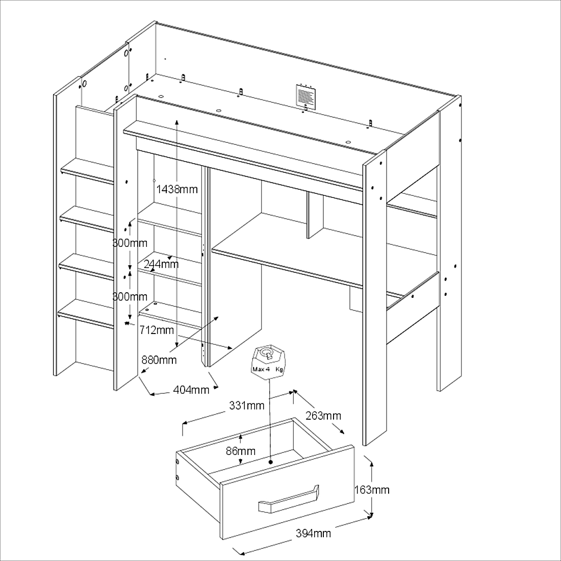 Lit combiné Hervé 90x200 - chêne artisan/gris - Image 3