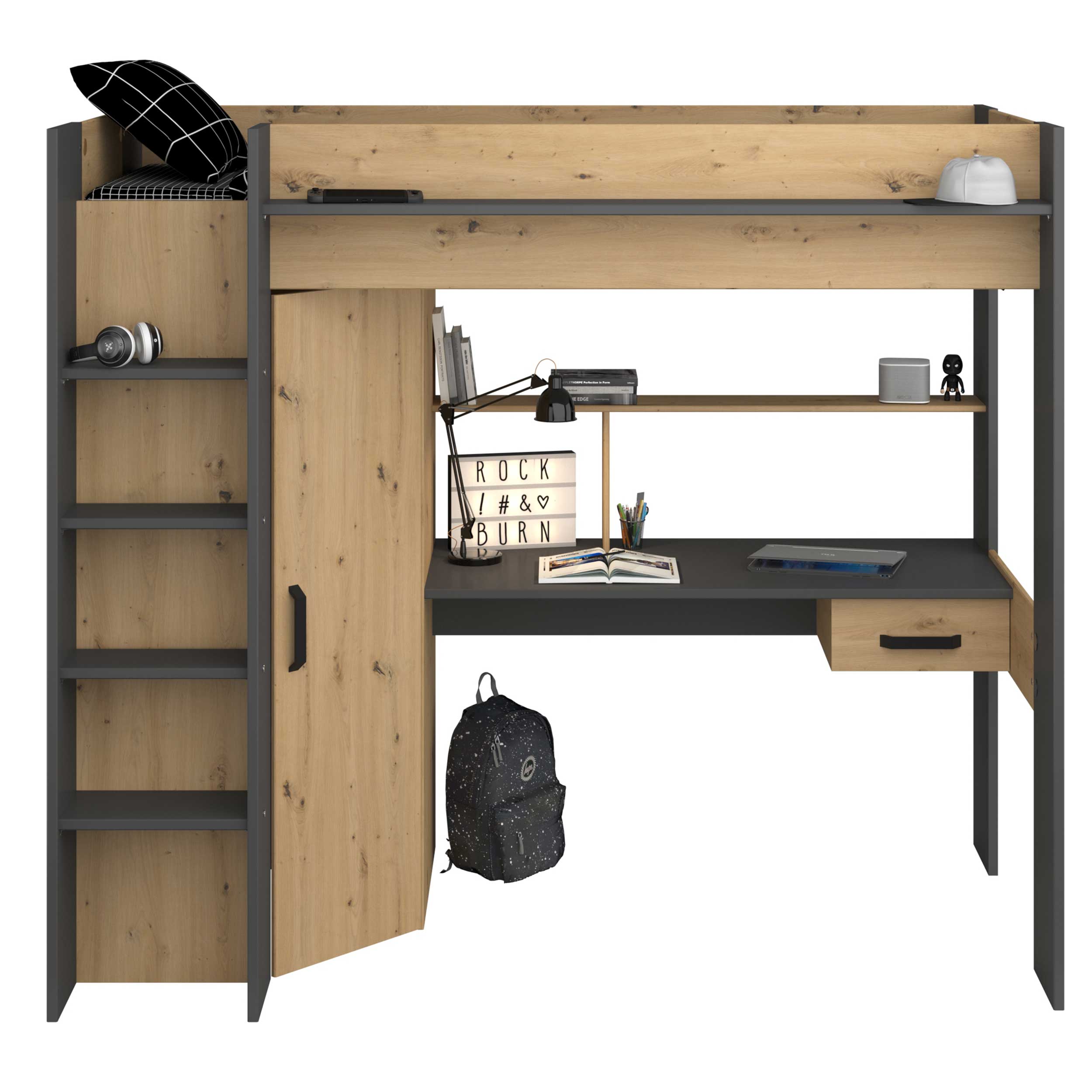 Lit combiné Hervé 90x200 - chêne artisan/gris - Image 6