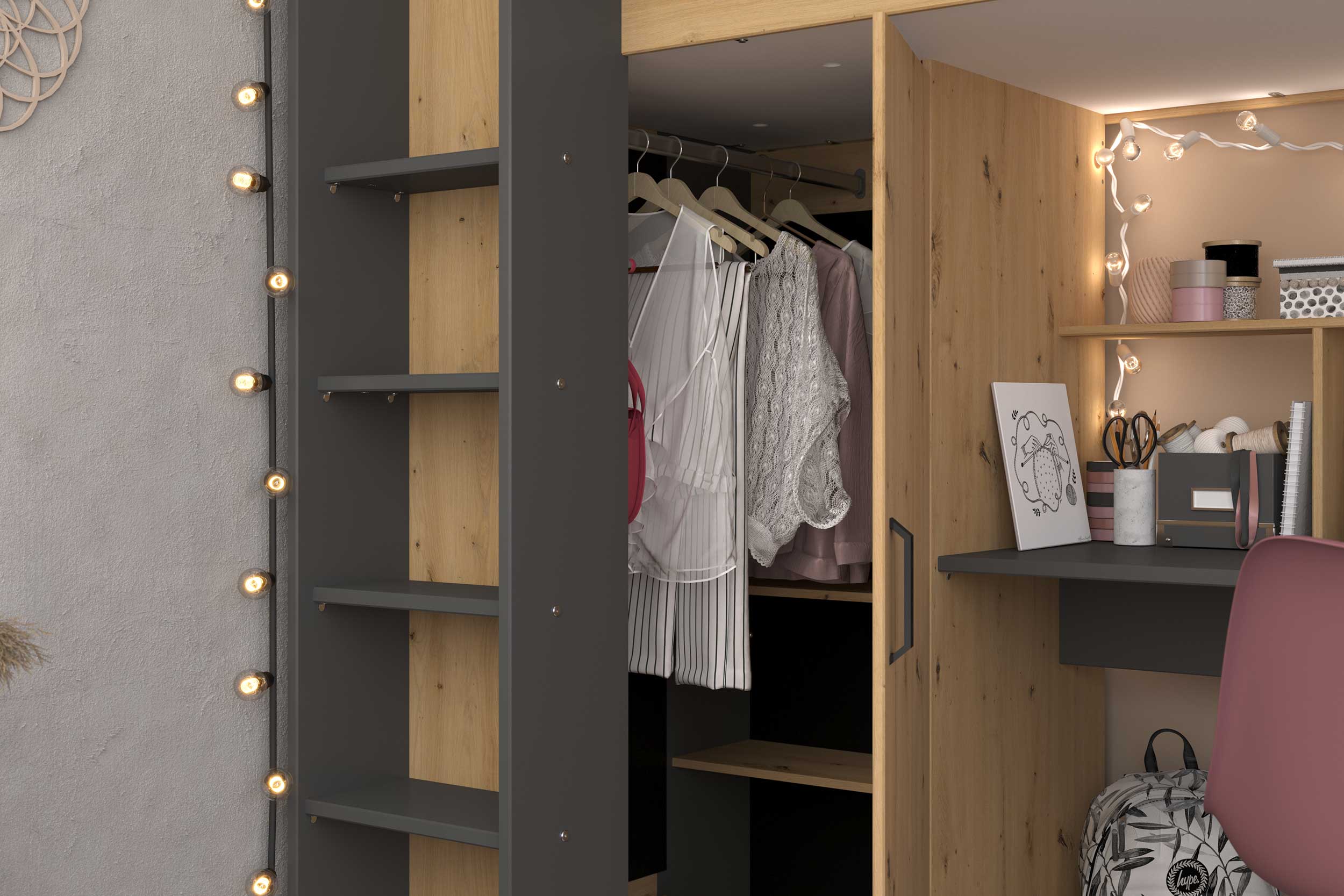 Lit combiné Hervé 90x200 - chêne artisan/gris - Image 9