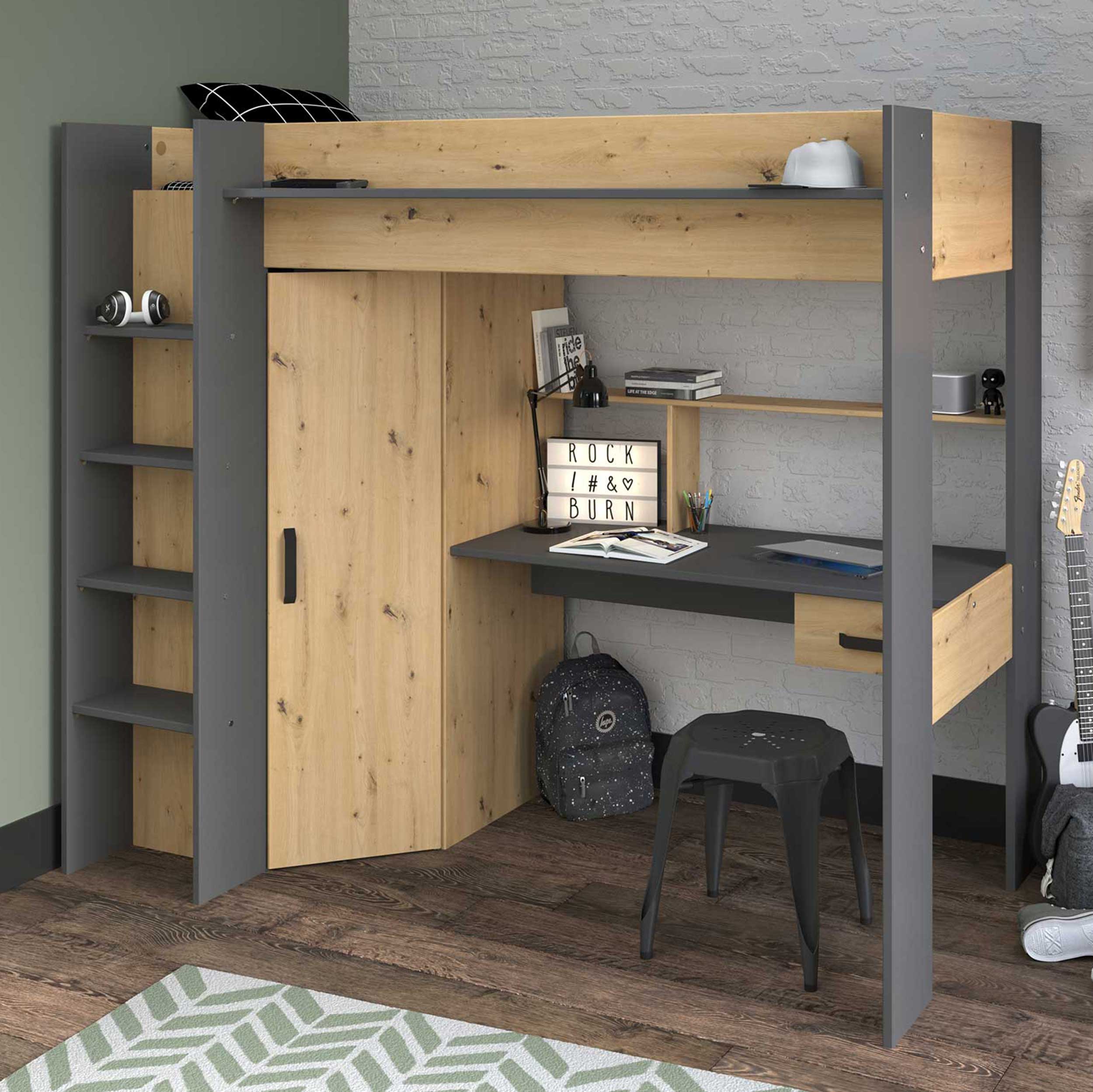 Lit combiné Hervé 90x200 - chêne artisan/gris - Image 1