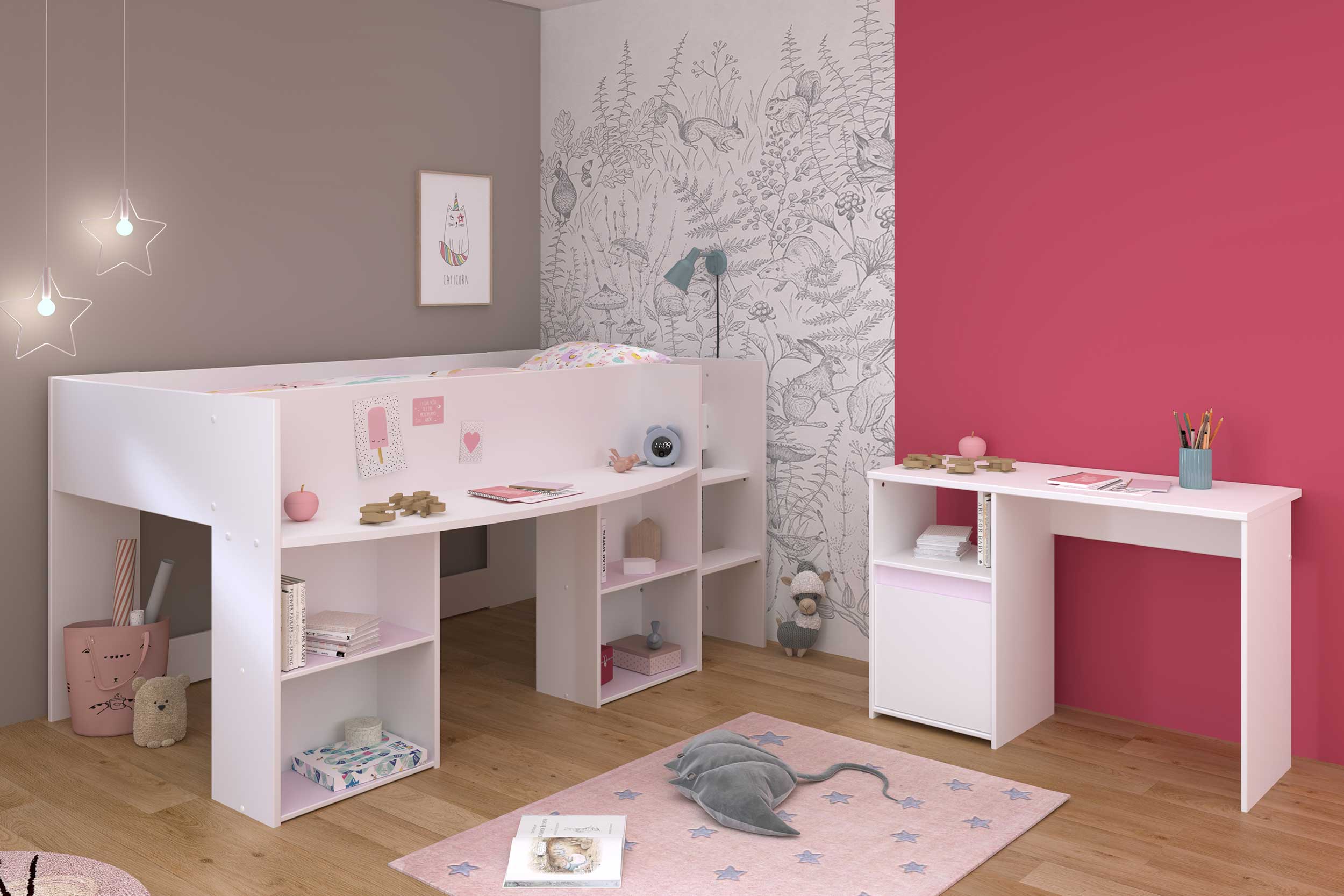 Lit combiné Rue 90x200 avec bureau - blanc/gris ou blanc/rose - Image 11