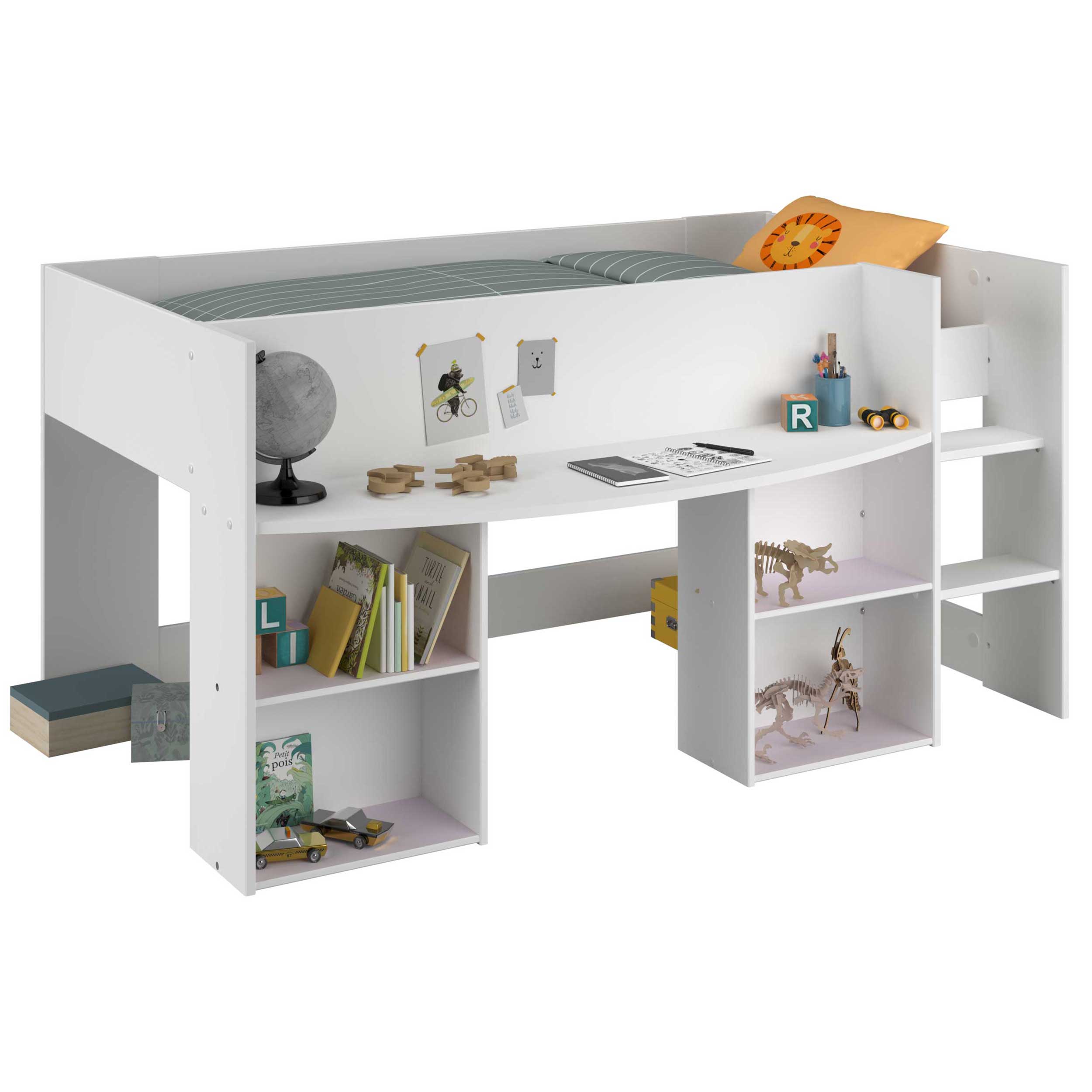 Lit combiné Rue 90x200 avec bureau - blanc/gris ou blanc/rose - Image 3
