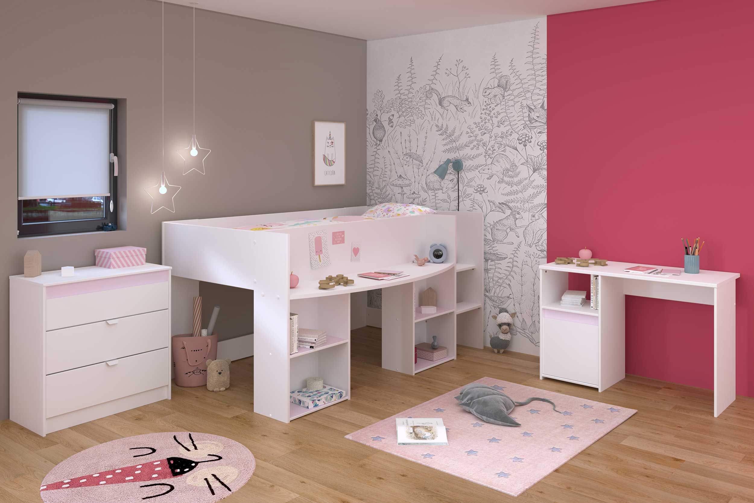 Lit combiné Rue 90x200 avec bureau - blanc/gris ou blanc/rose - Image 8