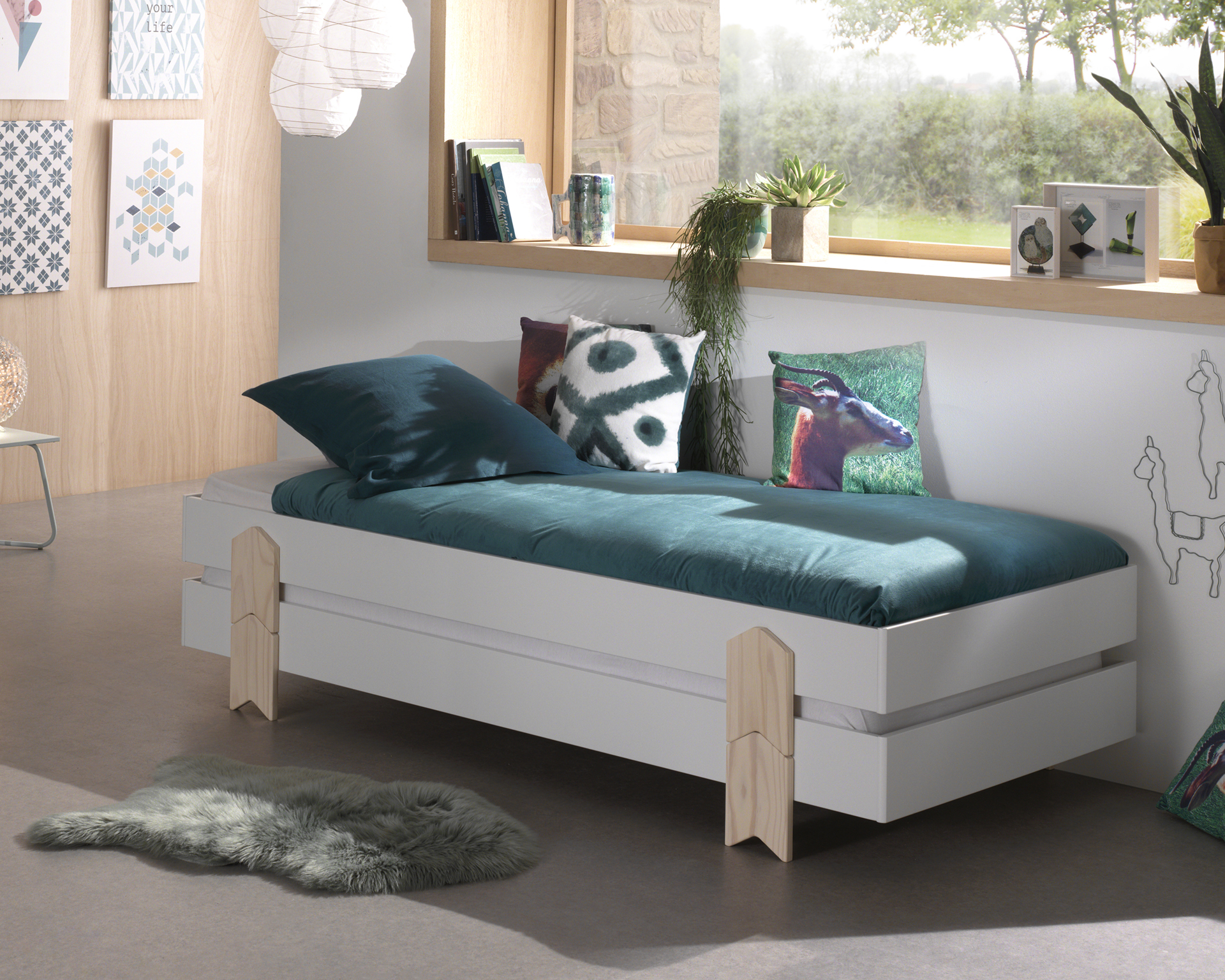 Lit d'enfants Modulo arrow 90x200 empilable ensemble de 2 - blanc/bois de pin - Image 6