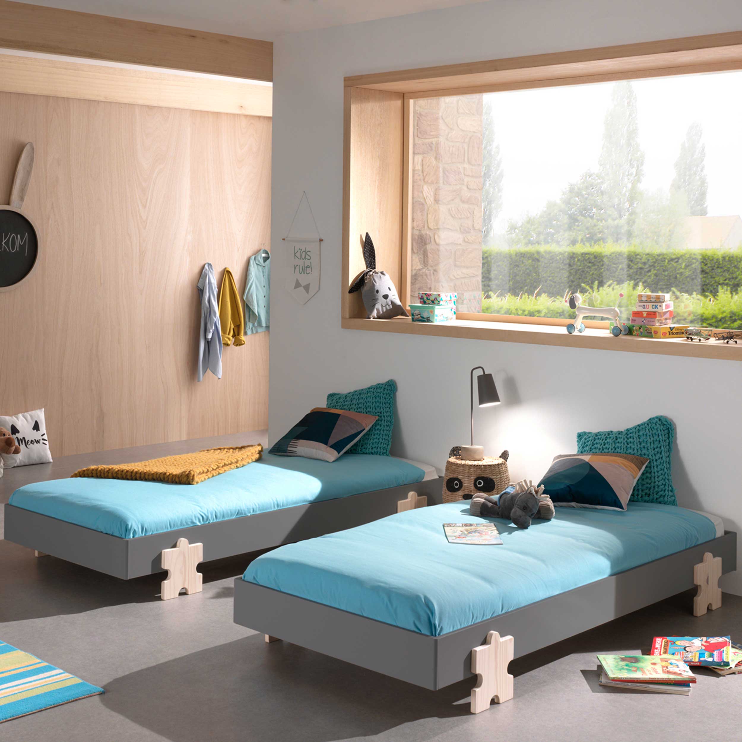 Lit d'enfants Modulo Puzzle 90x200 empilable ensemble de 2 - anthracite/bois de pin - Image 1