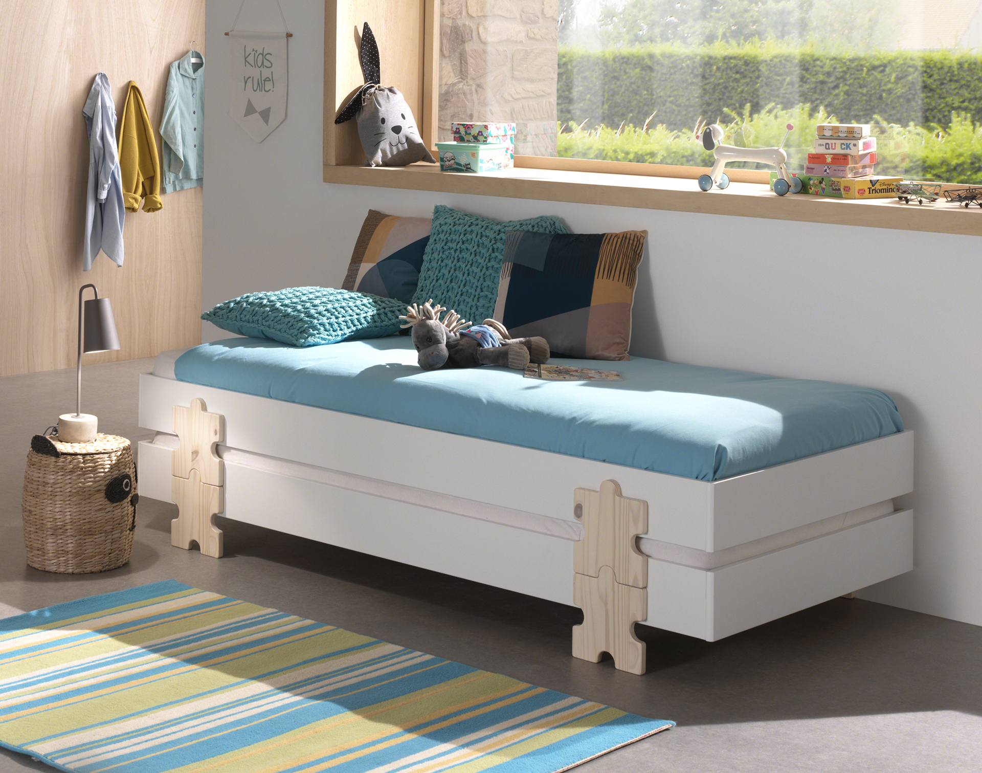 Lit d'enfants Modulo Puzzle 90x200 empilable ensemble de 2 - blanc/bois de pin - Image 9