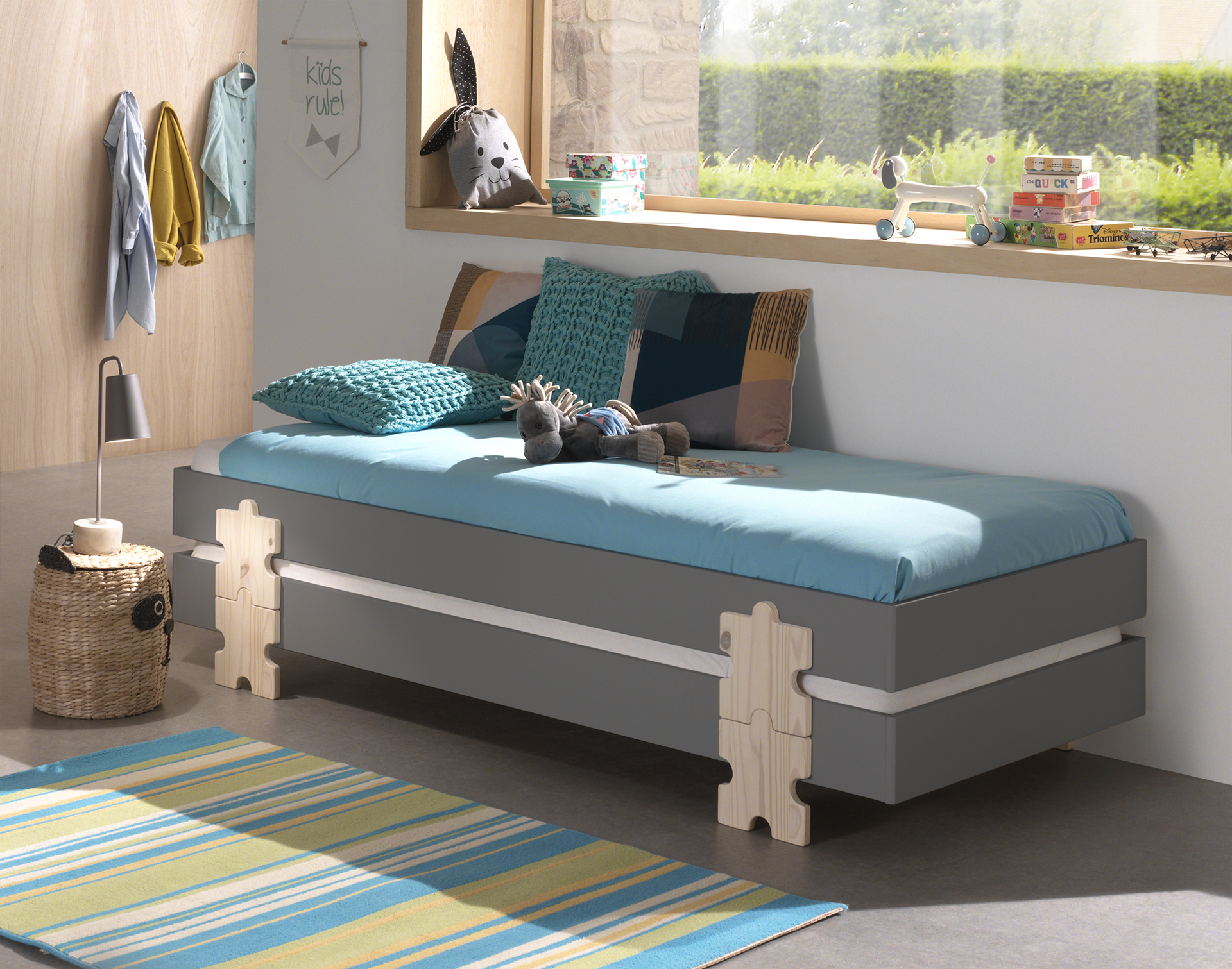 Lit d'enfants Modulo Puzzle 90x200 empilable ensemble de 4 - anthracite/pin - Image 7