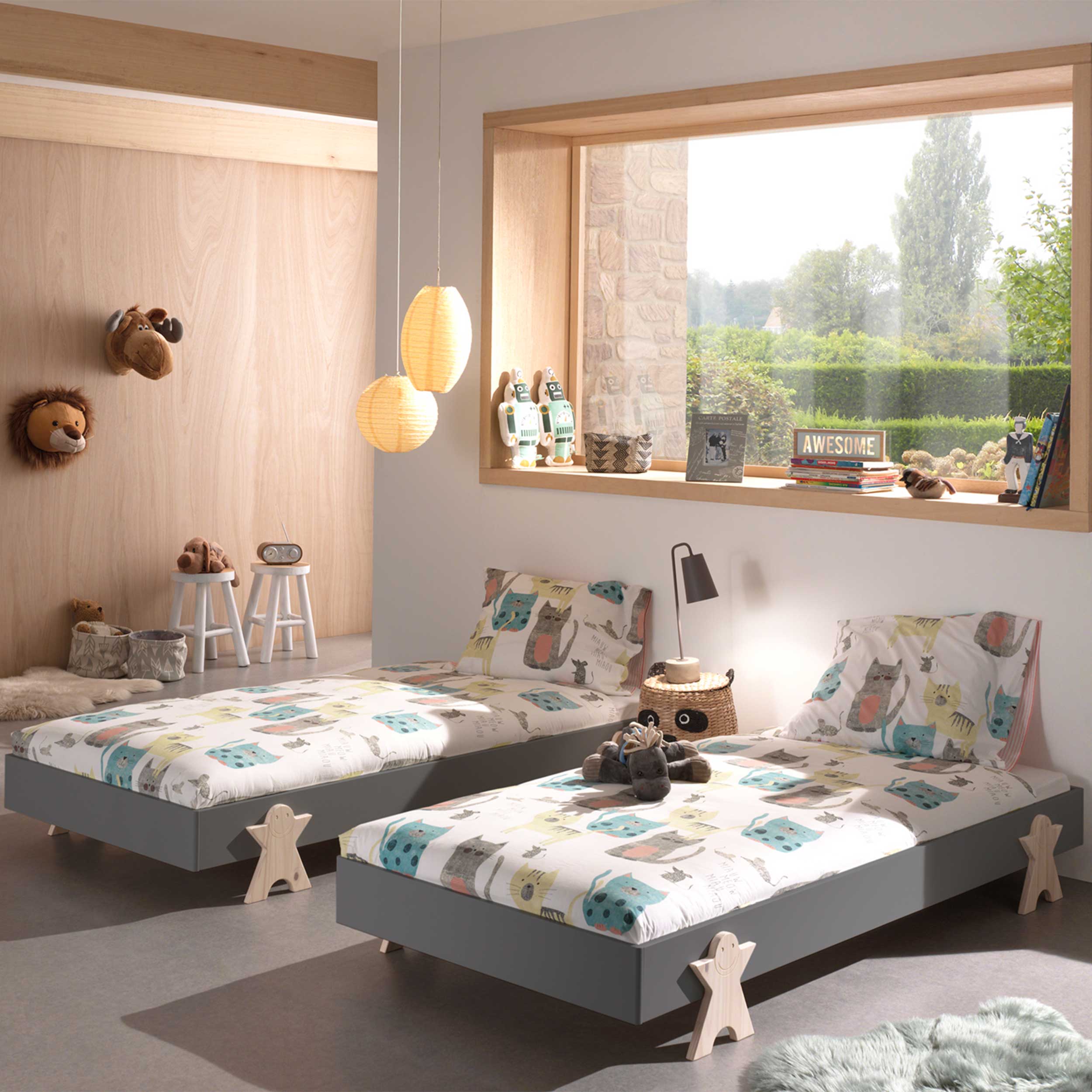 Lit d'enfants Modulo Smiley 90x200 empilable ensemble de 2 - anthracite/bois de pin - Image 1