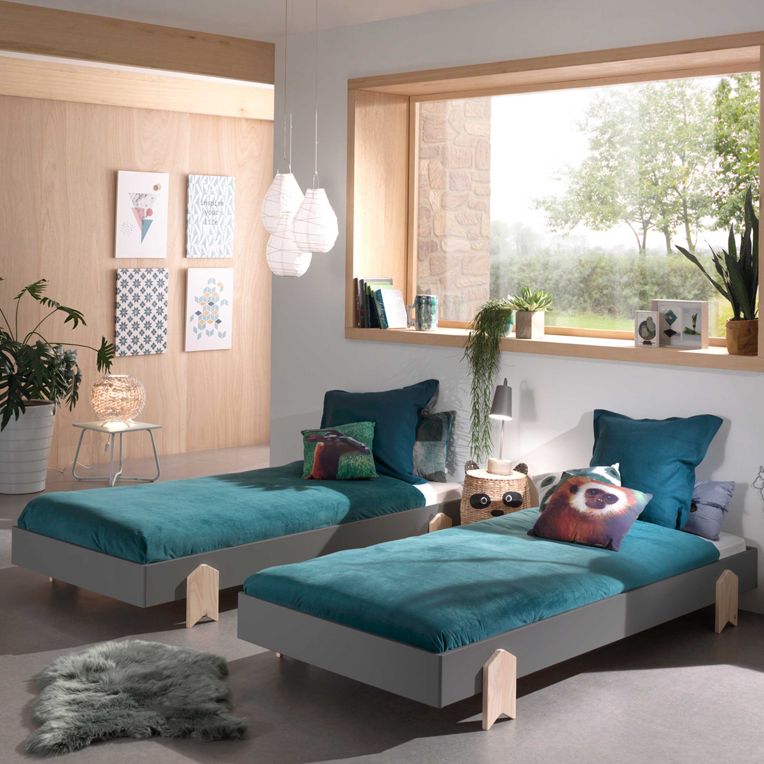 Lit d'enfants Modulo arrow 90x200 empilable ensemble de 2 - anthracite/bois de pin