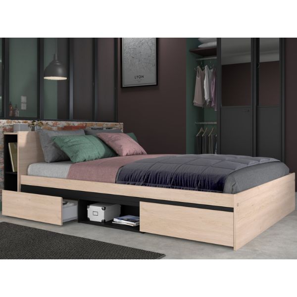 Lit double Bruxelles 148cm-2 étagères, 2 tiroirs, 1 espace de rangement-noir/chêne - Image 1