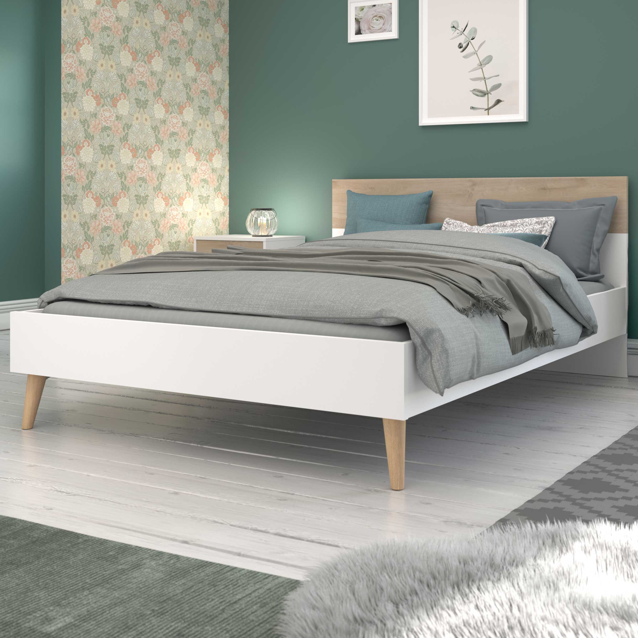 Lit double Hardy 140 x 200 - blanc/chêne