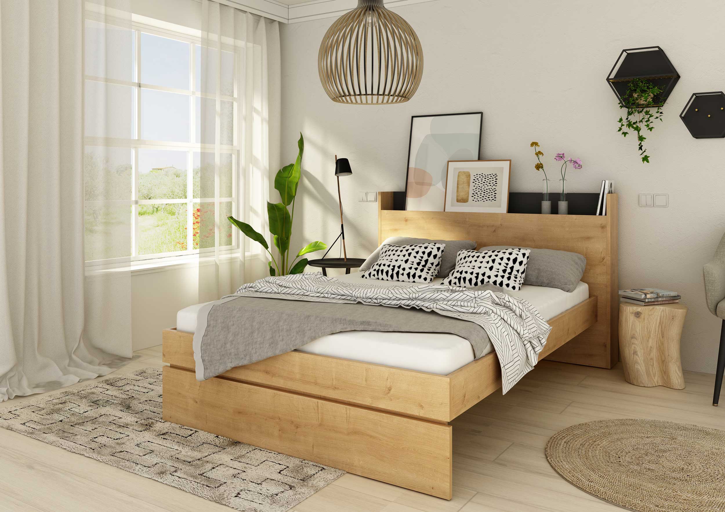 Lit double Sanna 140x190 - chêne clair/ noir - Image 3