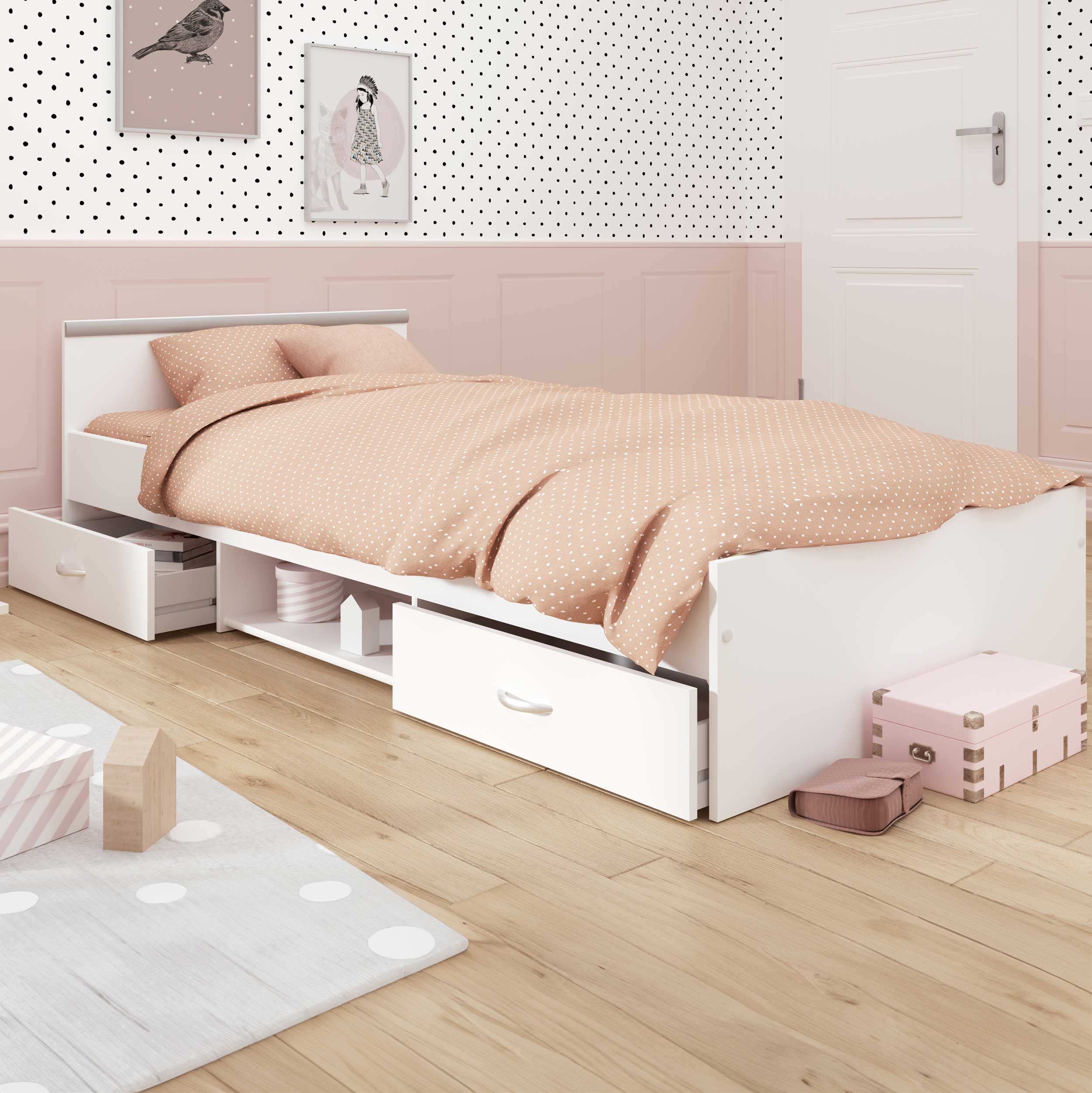 Lit enfant Alma 90x200 avec espace de rangement - blanc