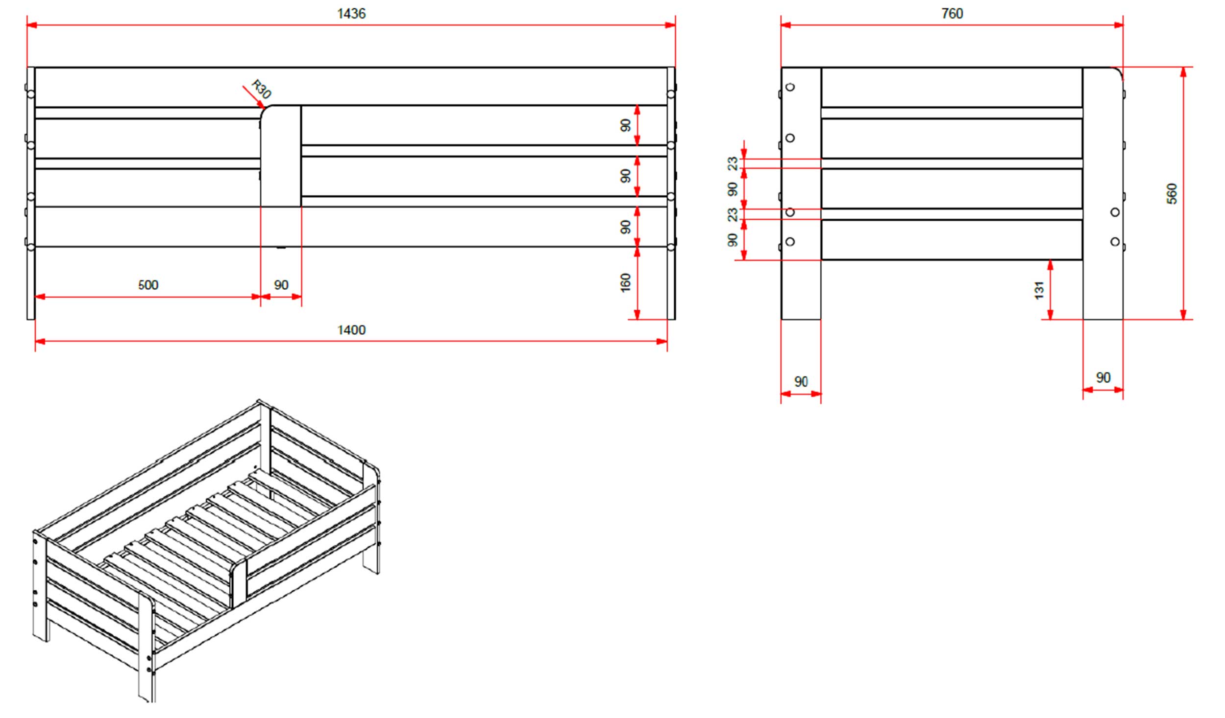 Lit junior Anastasia avec tiroir de lit 70 x 140cm bois pin - blanc - Image 5