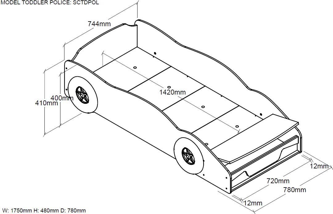 Lit junior voiture de police 70x140cm - avec compartiment de rangement - Image 2