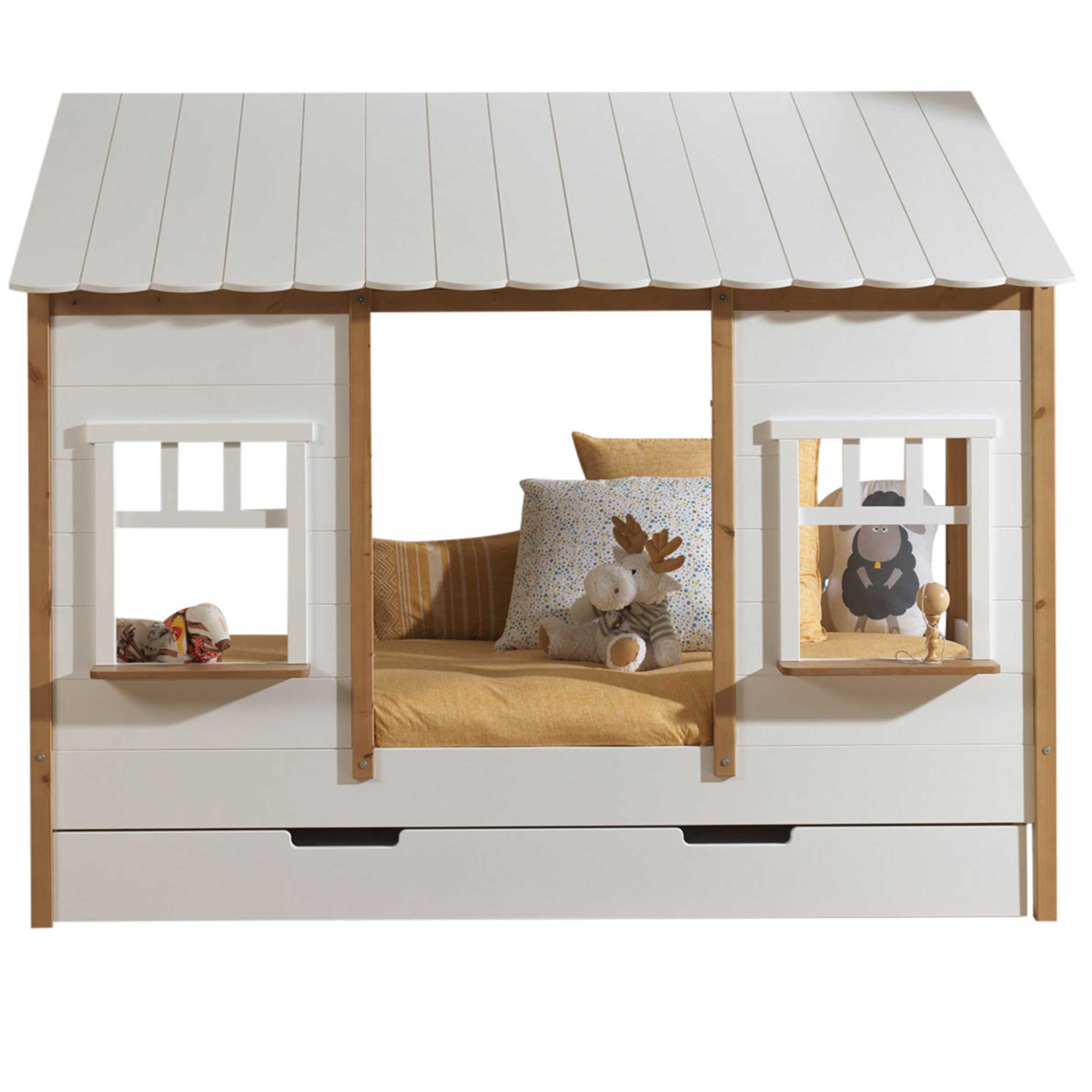 Lit maison Odense avec tiroir de lit 90x200cm MDF - blanc/bois de pin - Image 11