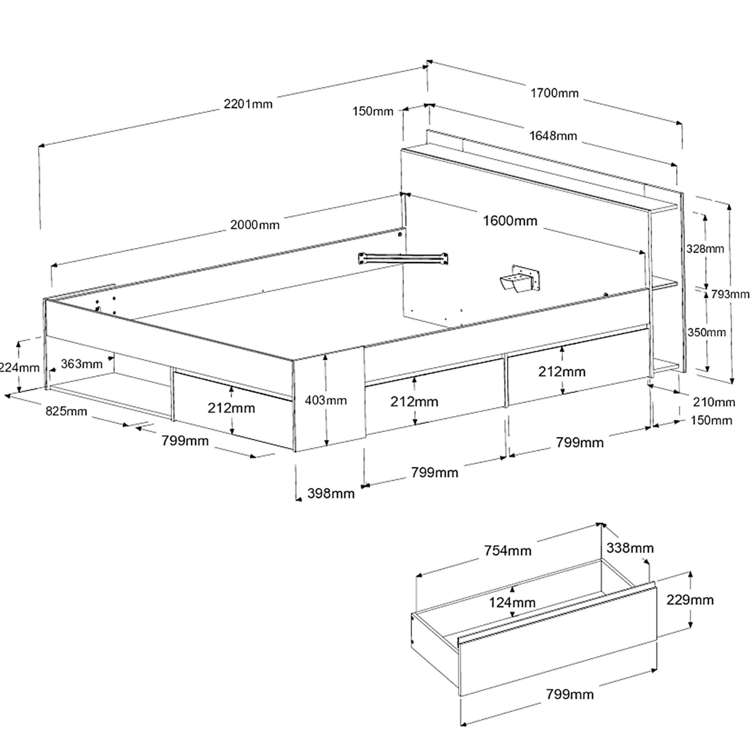 Lit Marseille 160x200cm - chêne/noir - Image 3